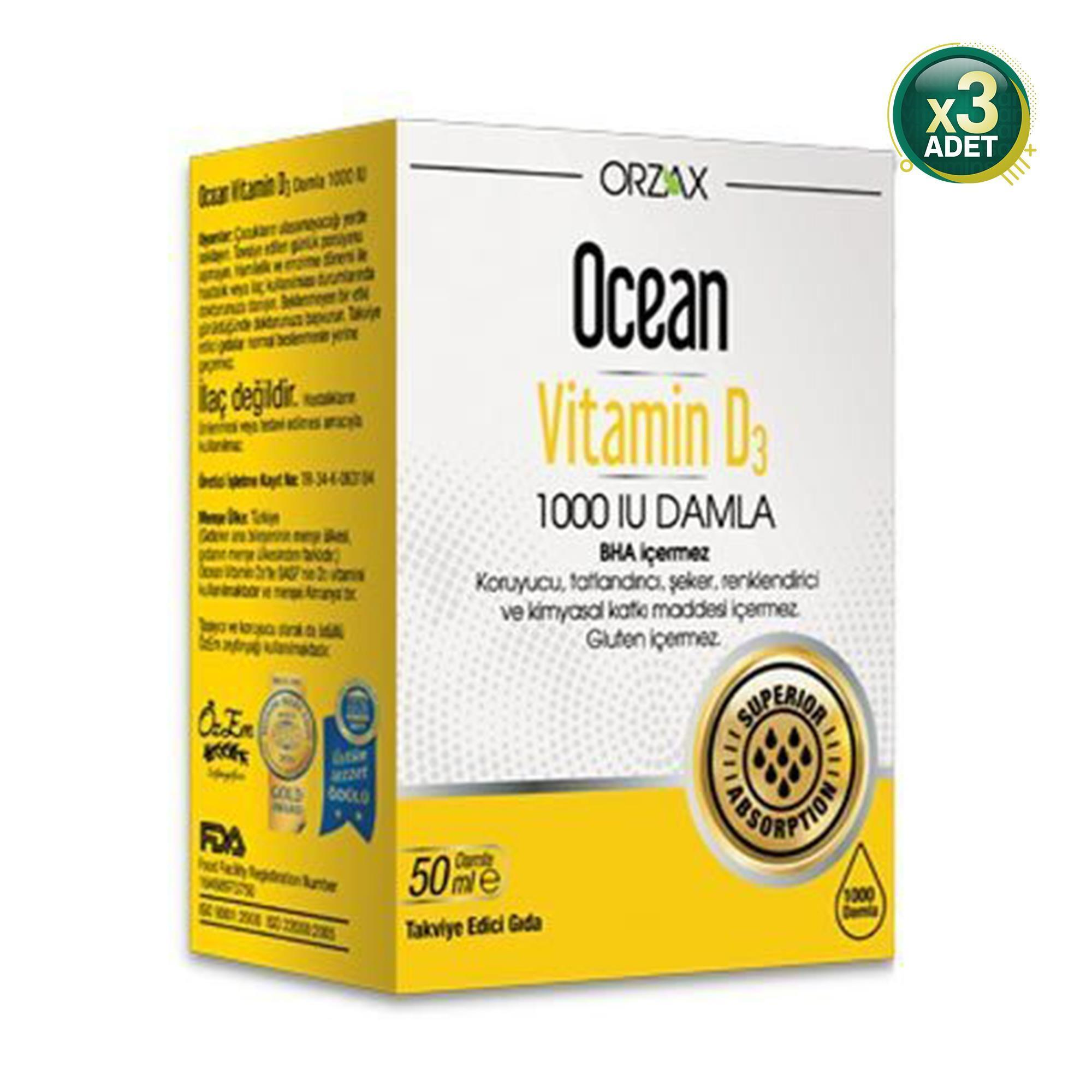 Ocean Vitamin D3 1000 IU Damla 50 ml 3 Adet