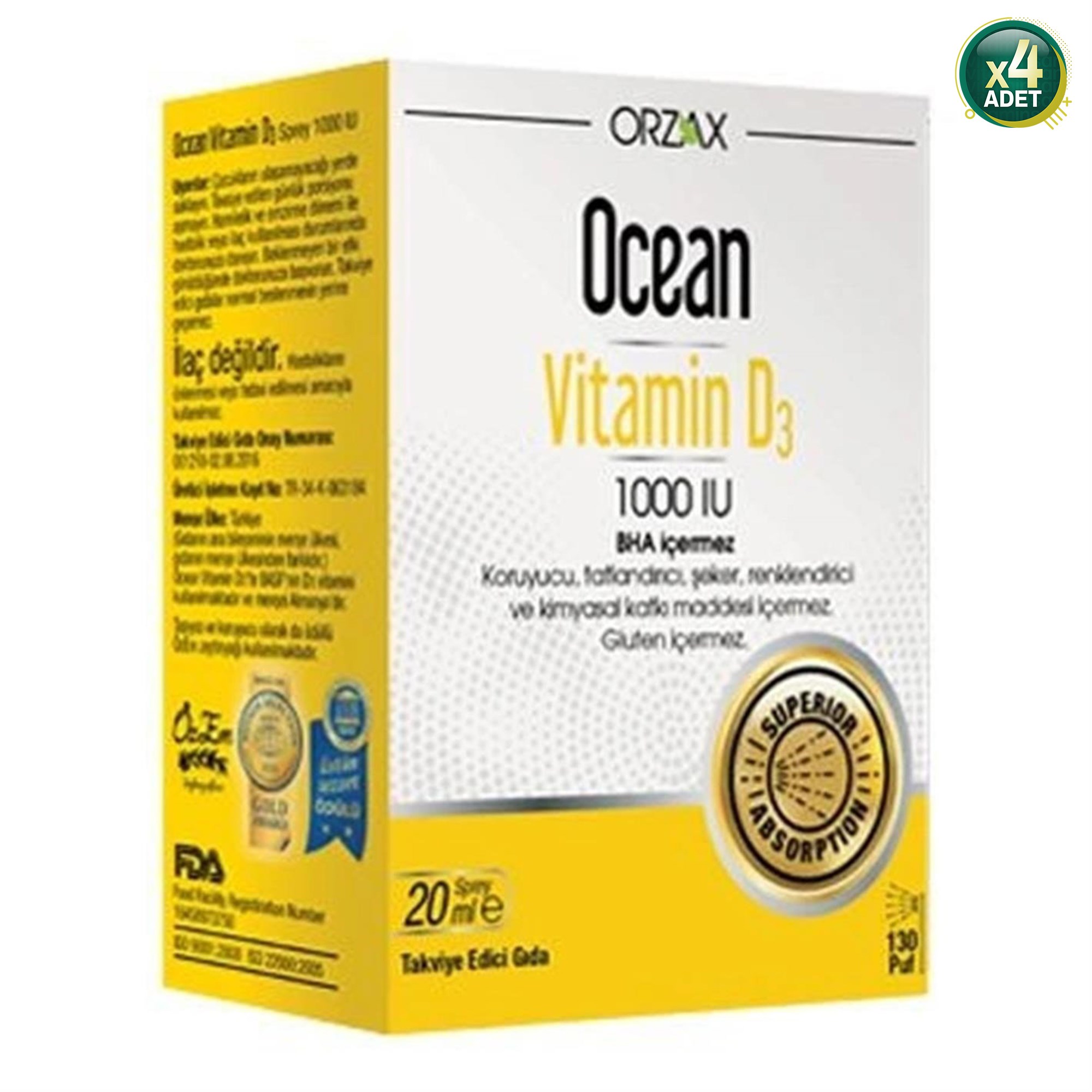 Ocean Vitamin D3 1000 Iu Oral Sprey 20 Ml 4 Kutu