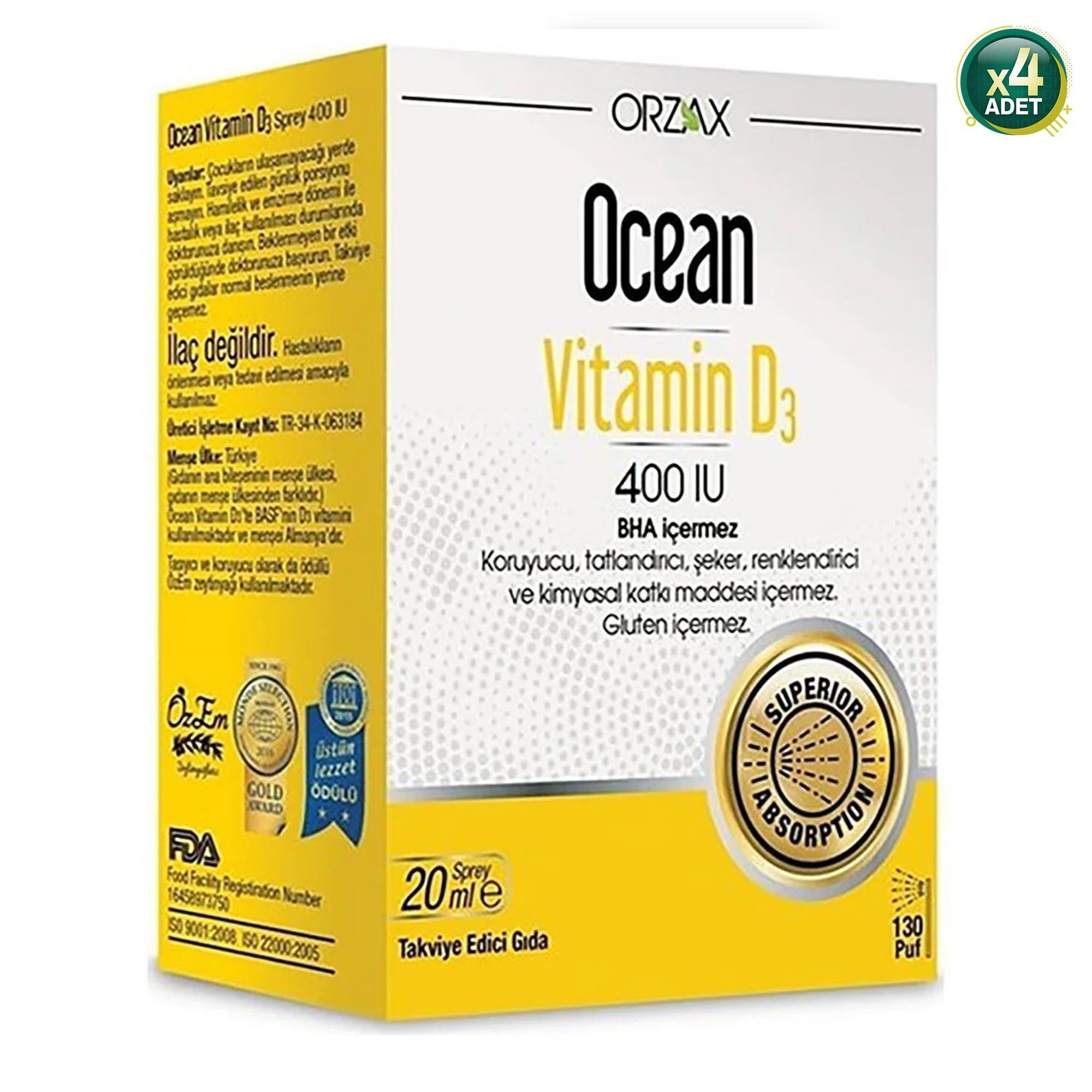 Ocean Vitamin D3 400 IU Sprey 20 ml 4'lü