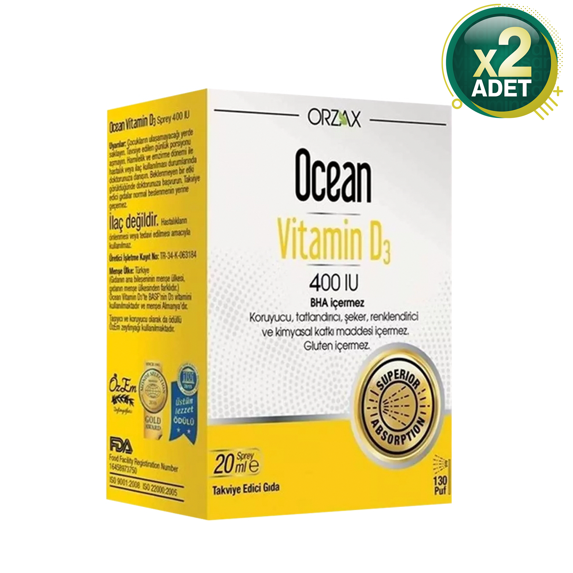 Orzax Ocean Vitamin D3 400 IU Sprey 20 ml 2 Adet