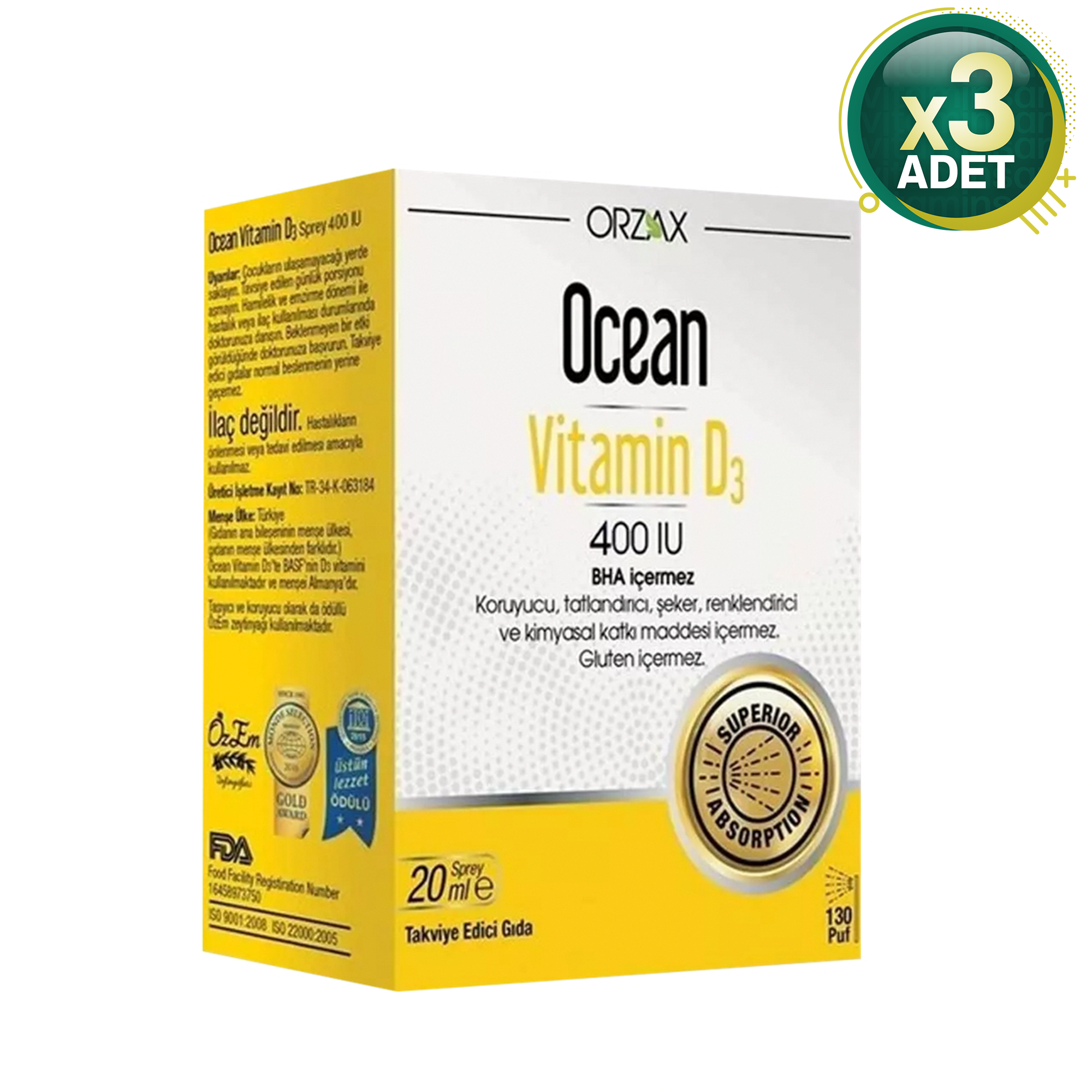 Orzax Ocean Vitamin D3 400 IU Sprey 20 ml 3 Adet