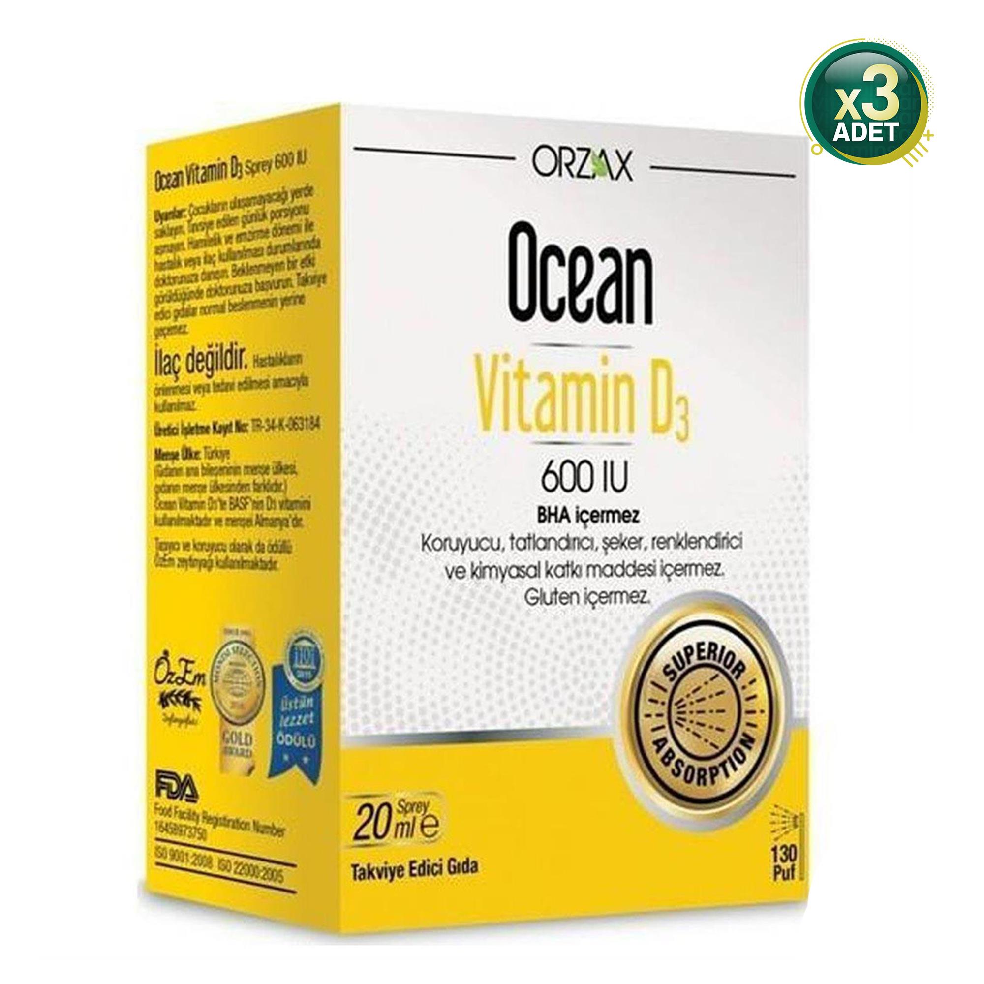 Orzax Ocean Vitamin D3 600 IU Sprey 20 ml 3 Adet