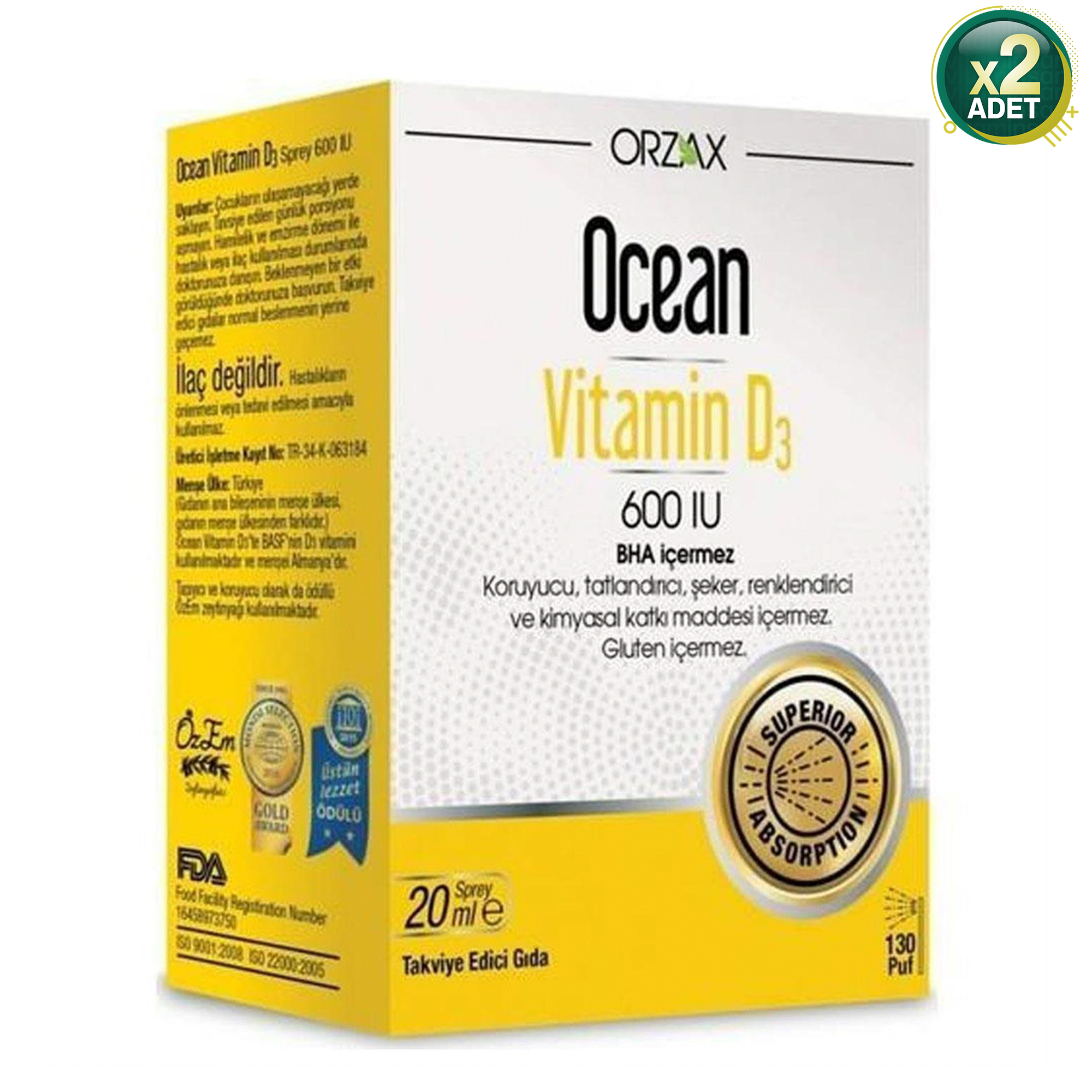 Orzax Ocean Vitamin D3 600 IU Sprey 20 ml 2 Adet