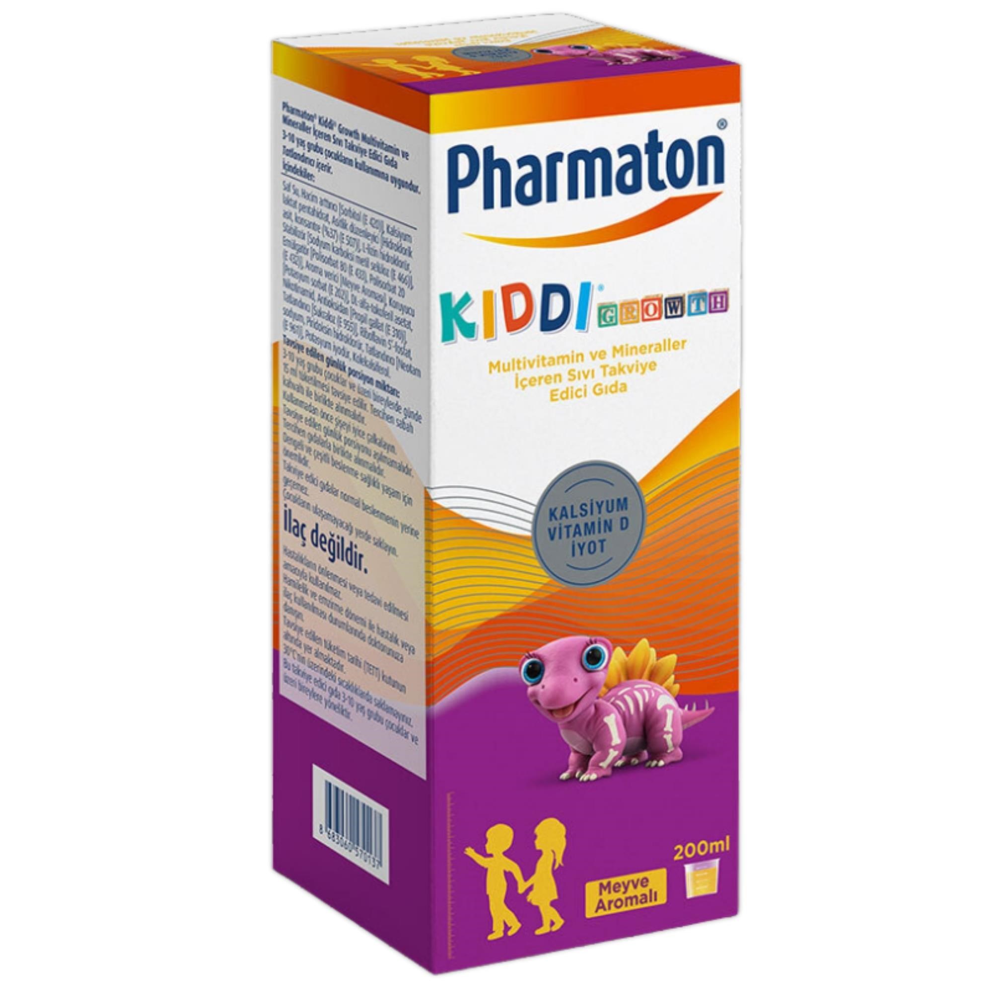 Pharmaton Kiddi Growth Kalsiyum Vitamin D İyot İçeren Meyve Aromalı Şurup 200 ml