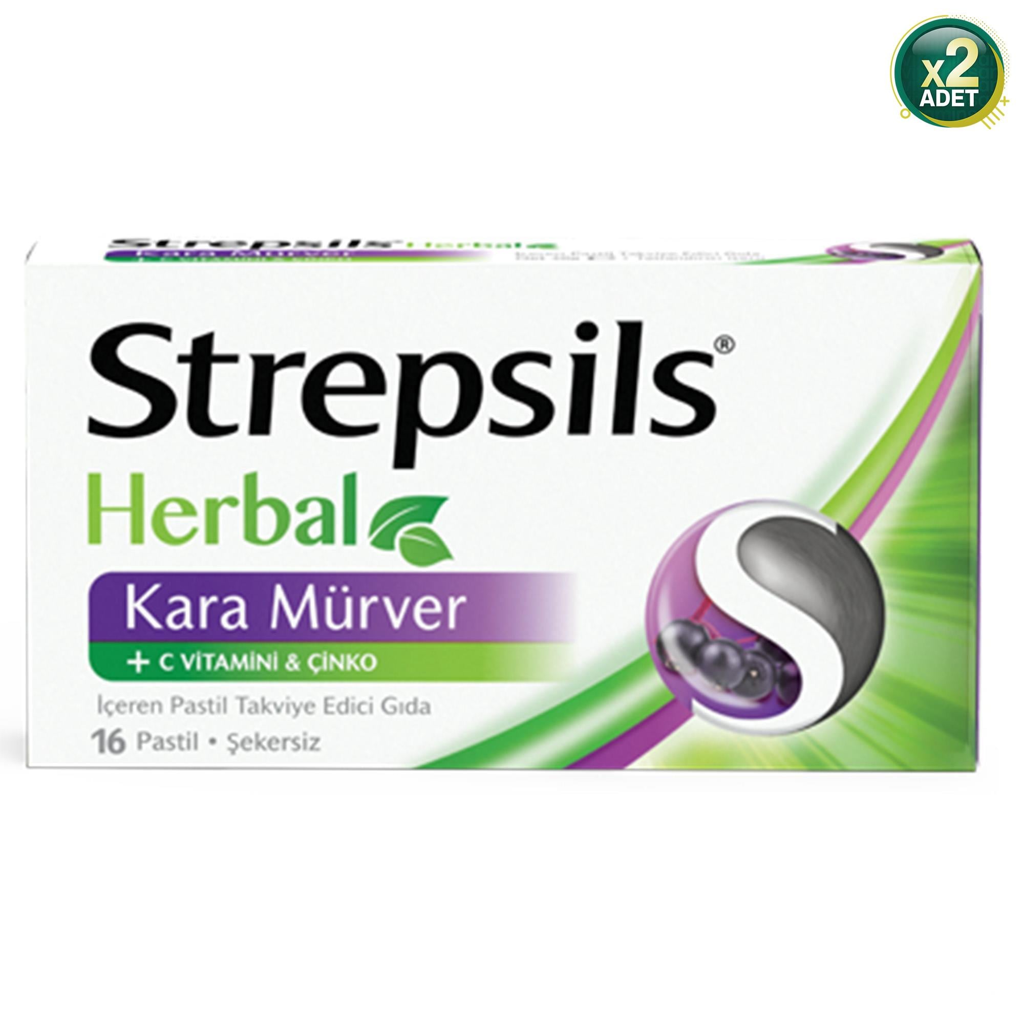 Strepsils Herbal Kara Mürver, C Vitamini Ve Çinko Içeren Şerkersiz Takviye Edici Gıda 16 Pastil 2 Adet