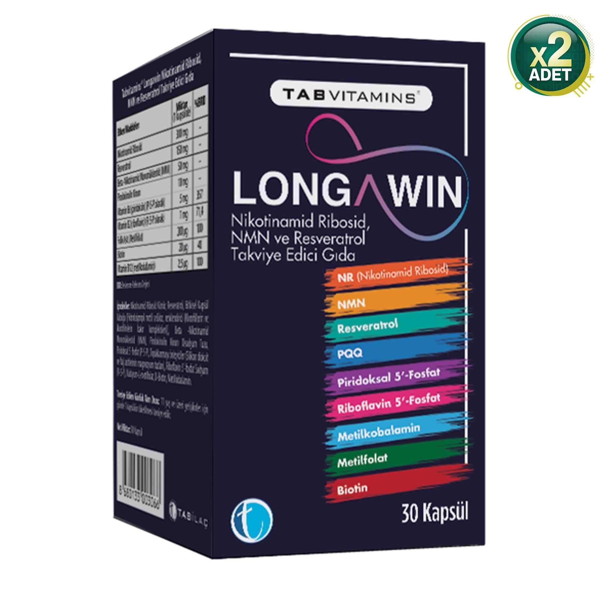 TABVITAMINS Longawin 30 Bitkisel Kapsül NR Nikotinamid Ribosid NMN Resveratrol PQQ (2 paketi)