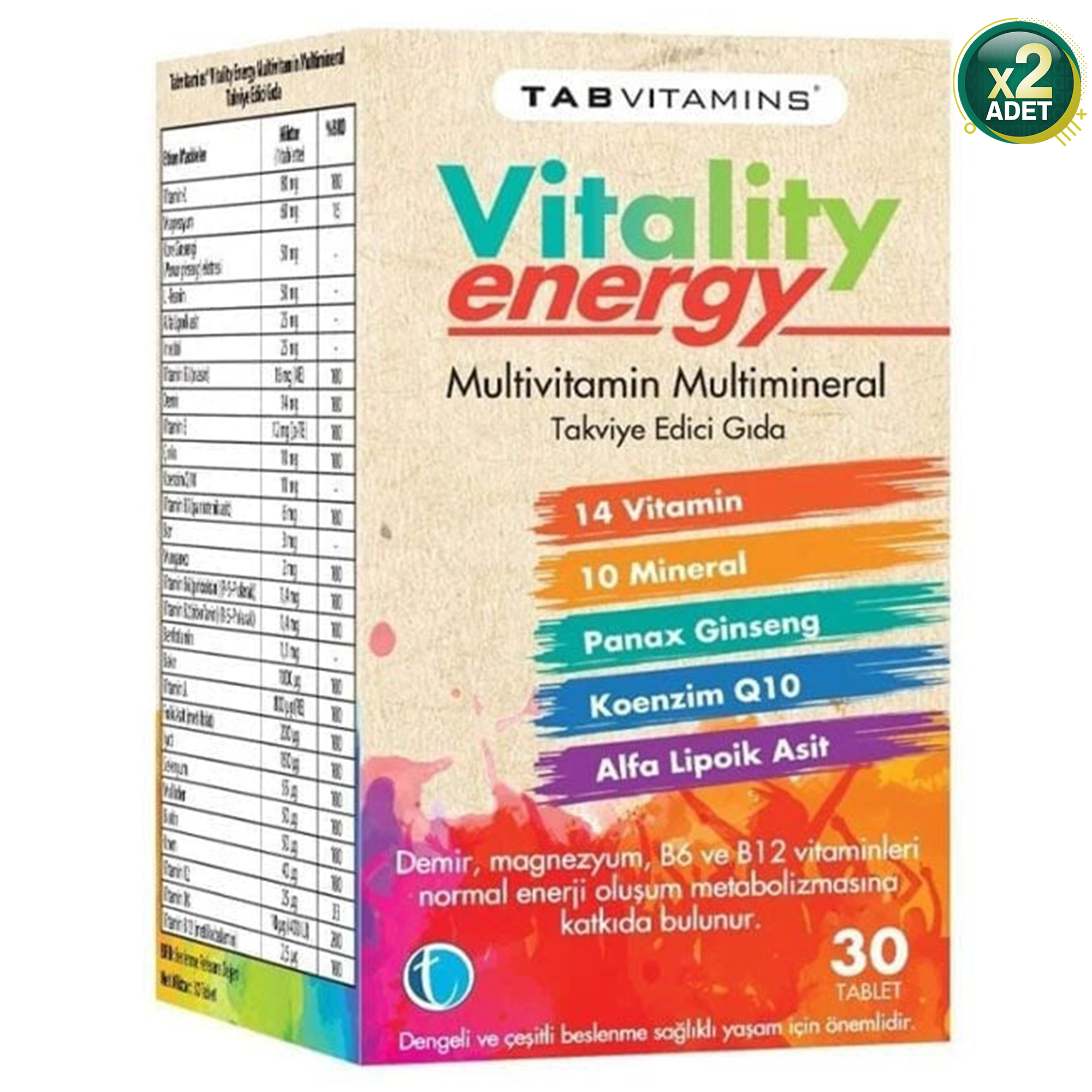 Tabvitamins Vitality Energy 30 Tablet x 2 Adet