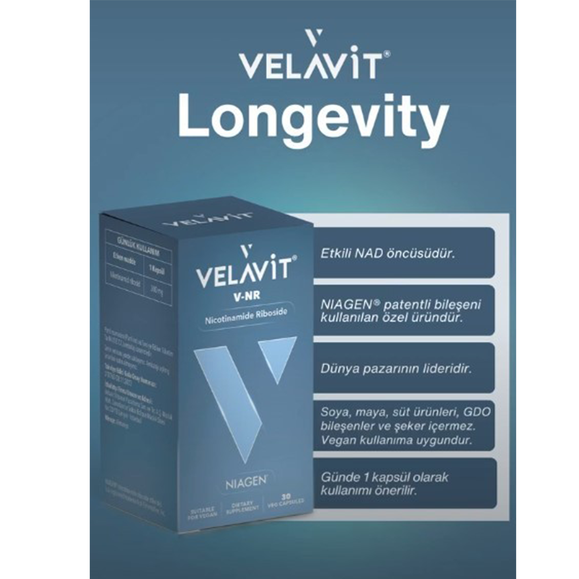 Velavit V- nr - Patentli Nad Öncülü Nikotinamid Ribosid - Longevity - 30 Kapsül - Dezenfektan Hediyeli (%72 Alkol)