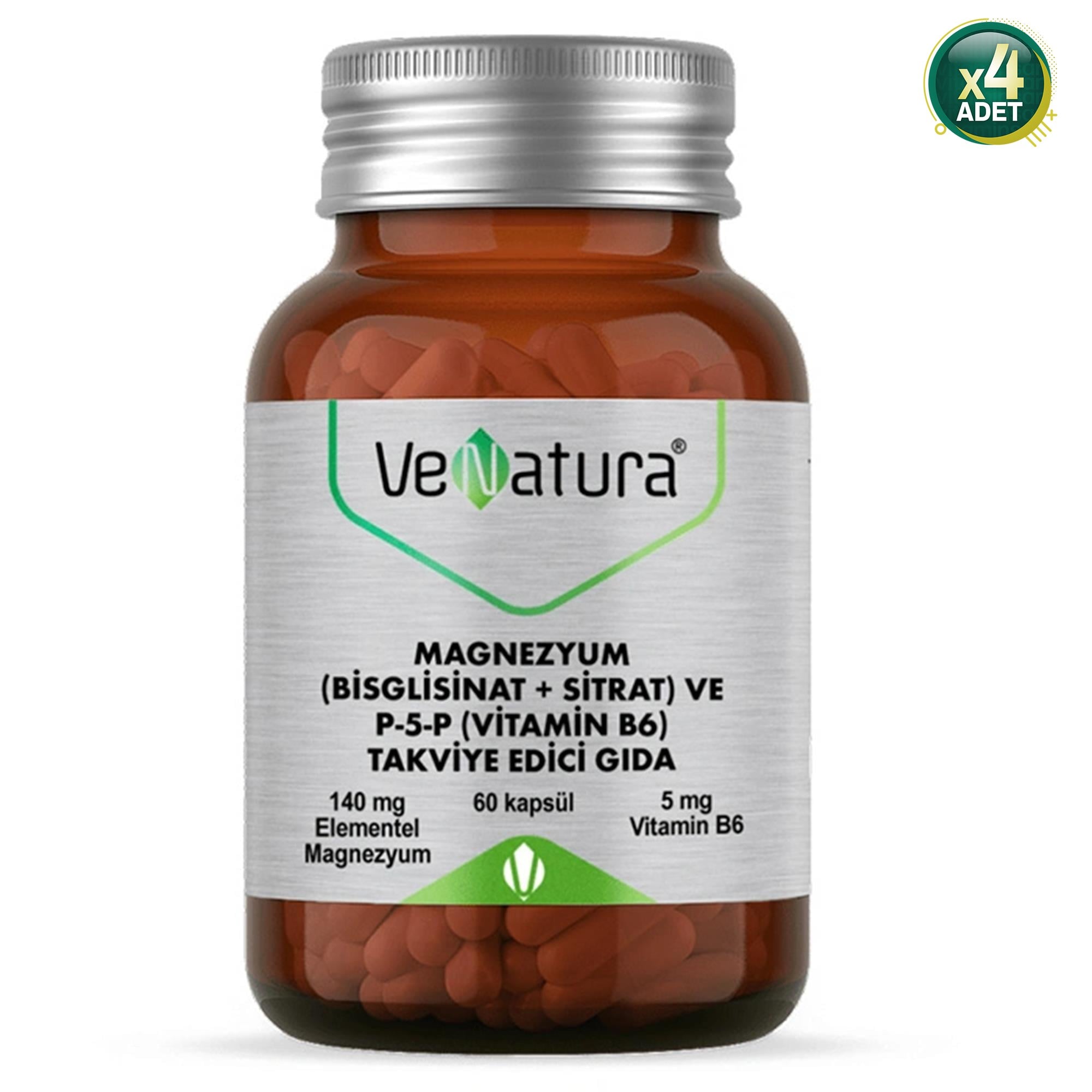 Venatura Magnezyum Bisglisinat Sitrat ve P-5-P Vitamin B6 60 Kapsül 4'lü