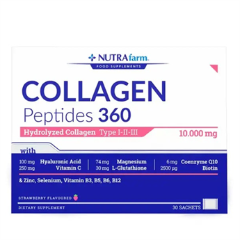 Dermoskin NutraFarm Collagen Peptides 360 Tip 1-2-3 Çilek Aromalı 30 Saşe