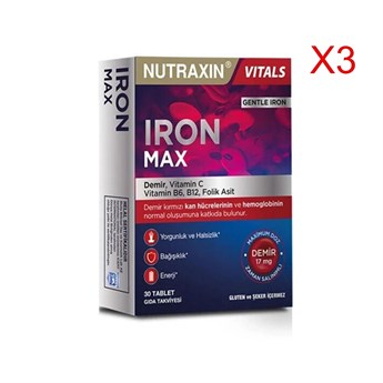 Nutraxin İron Max 90 Tablet Türkiye Menşeli B Vitamini İçeren Besleyici Takviye - Aromasız