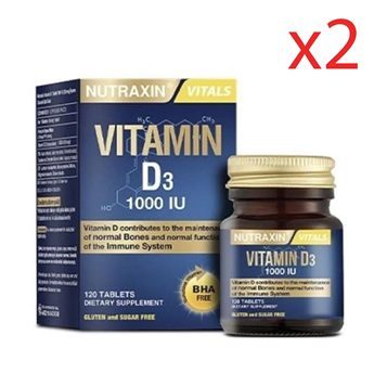 Nutraxin Vitals D3 Vitamin 1000 IU 25 mcg 120 Tablet Takviye Edici Gıda (2 paketi)