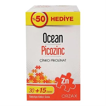 Orzax Ocean Picozinc Çinko Pikolinat 15 mg Tablet, Bağışıklık Sistemi ve Cilt Sağlığı Desteği, 30 Tablet