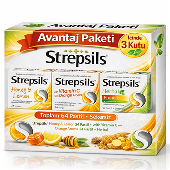 Strepsils Herbal Propolis 16 Pastil + Strepsils Portakal & C Vitamini Aromalı 24 Pastil + Strepsils Bal & Limon 24 Pastil 