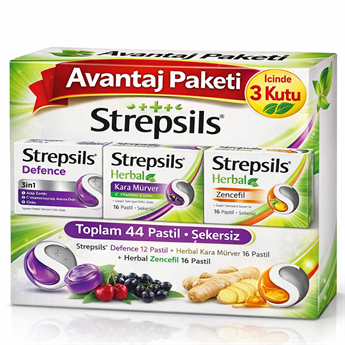 Strepsils Herbal Zencefil Aromalı 16lı Pastil + Strepsils Herbal Kara Mürver 16 Pastil + Strepsils Defence 12 Pastil 