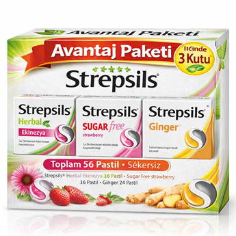Strepsils Şekersiz Çilek Aromalı 24lü Pastil + Strepsils Ginger Zencefil 24 Pastil + Strepsils Herbal Ekinezya 16 Pastil 