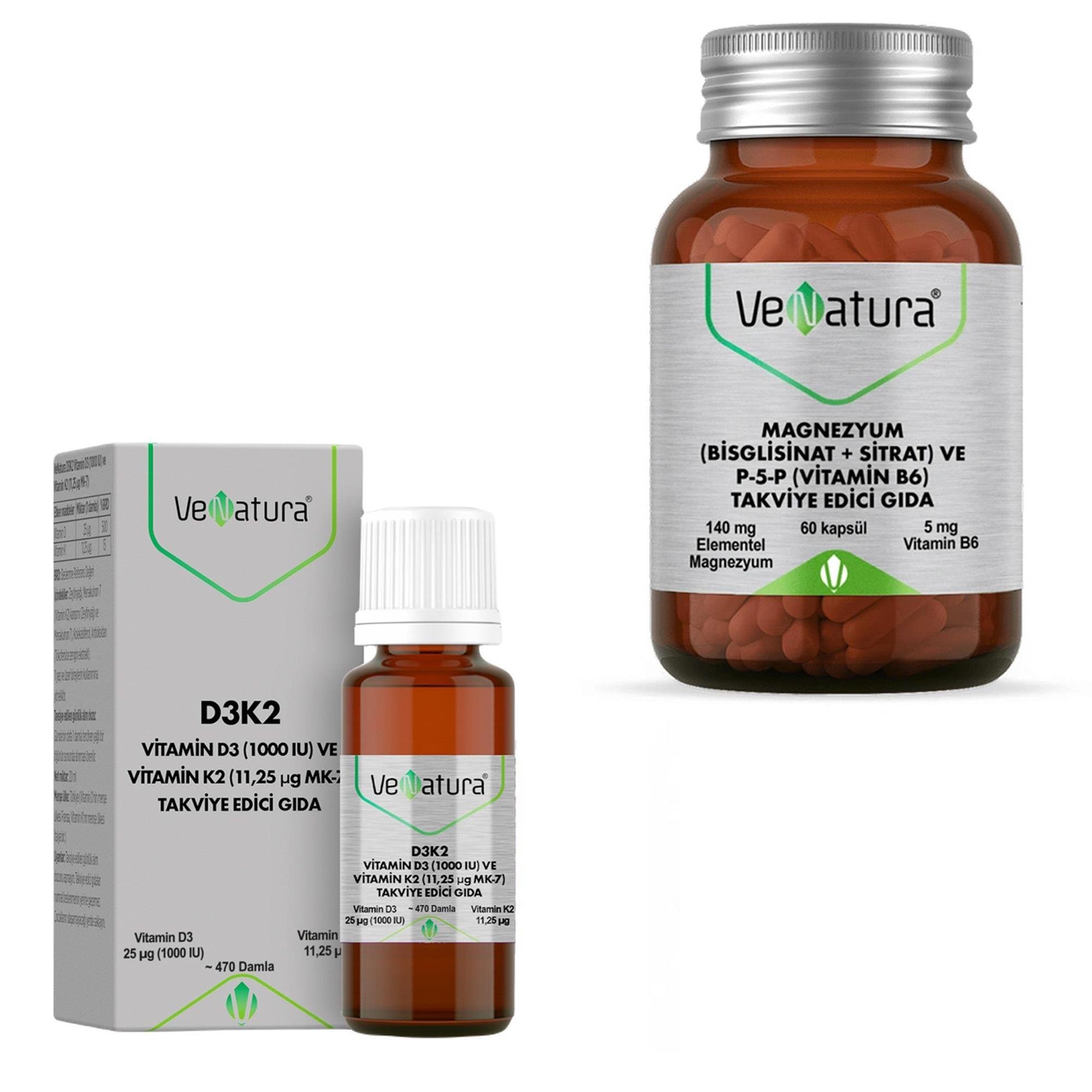  VeNatura Vitamin D3K2 + VeNatura Magnezyum (Bisglisinat+Sitrat) ve P5P (Vitamin B6) 60 Kapsül