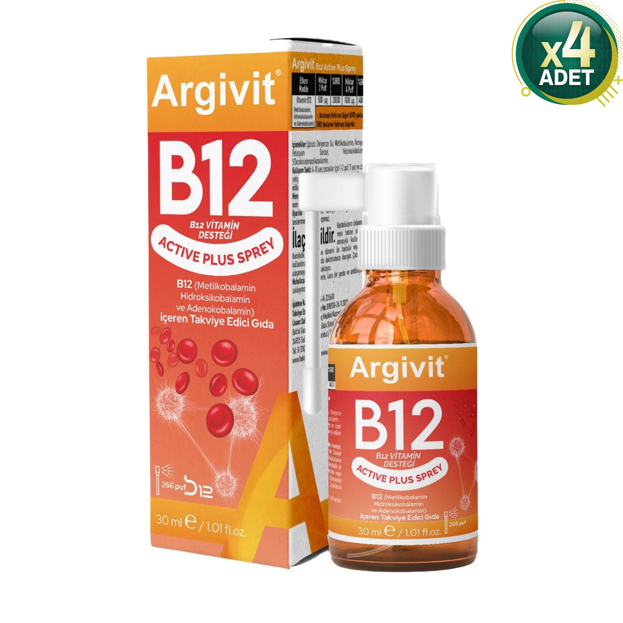 Argivit B12 Active Plus Sprey 30 ml 4 Adet