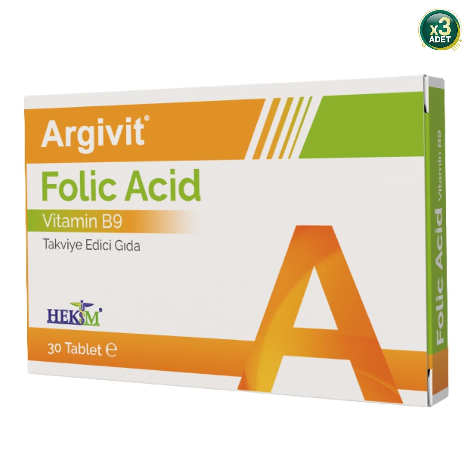 Argivit Folik Asit Vitamin B9 İçeren Takviye Edici Gıda 30 Tablet (3 paketi)