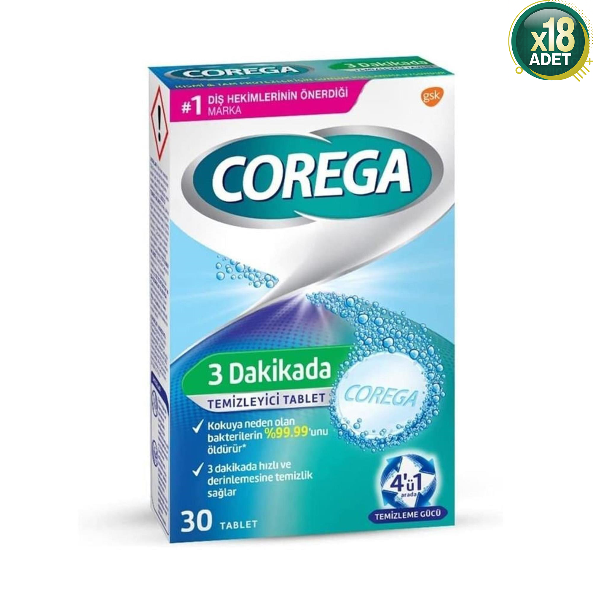 Corega 3 Dakikada Protez Temizleyici Tablet 30'lu X 18 Paket