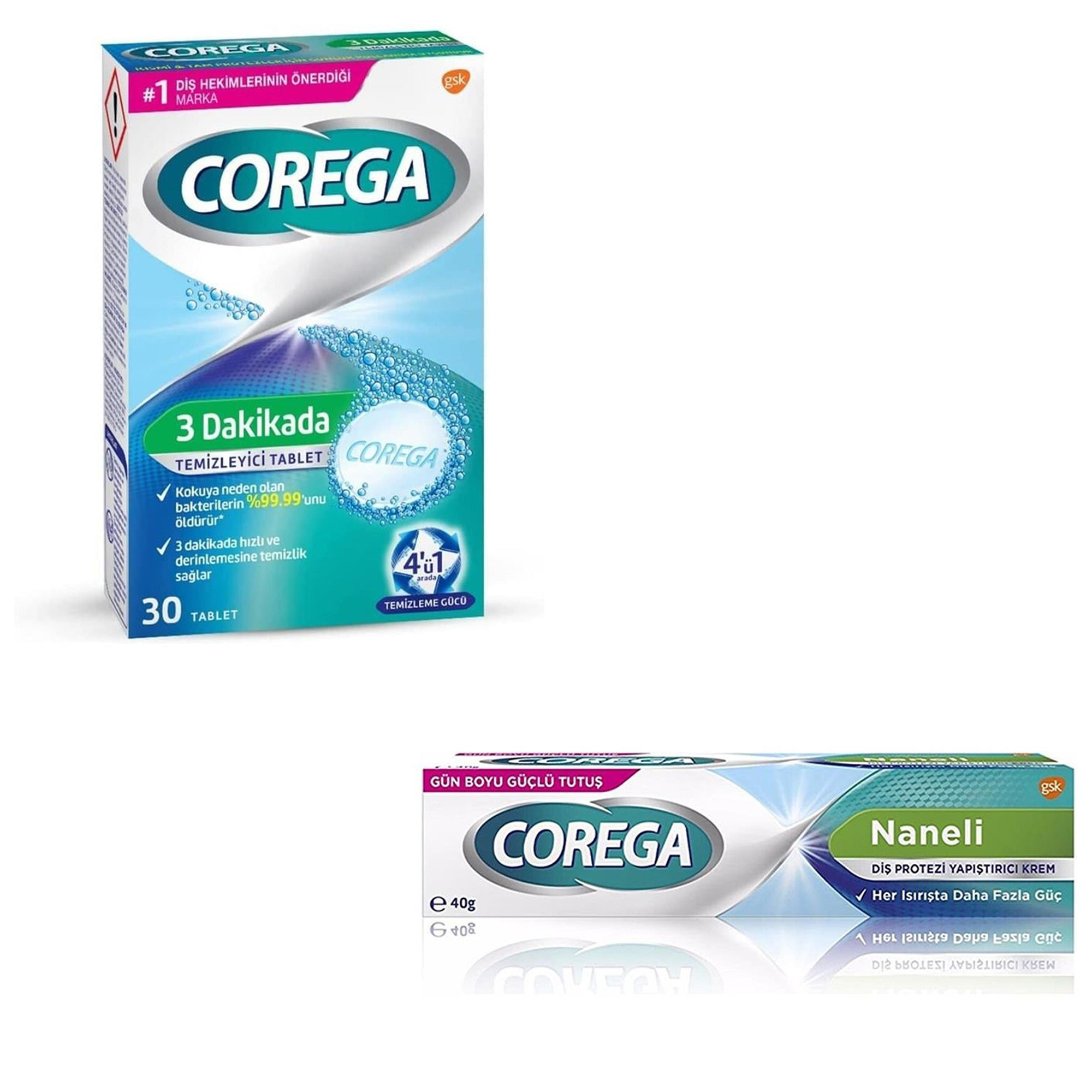 Corega Protez Temizleyici Tablet 30LU + Protez Yapiştirici Ferahlatici 40 gr