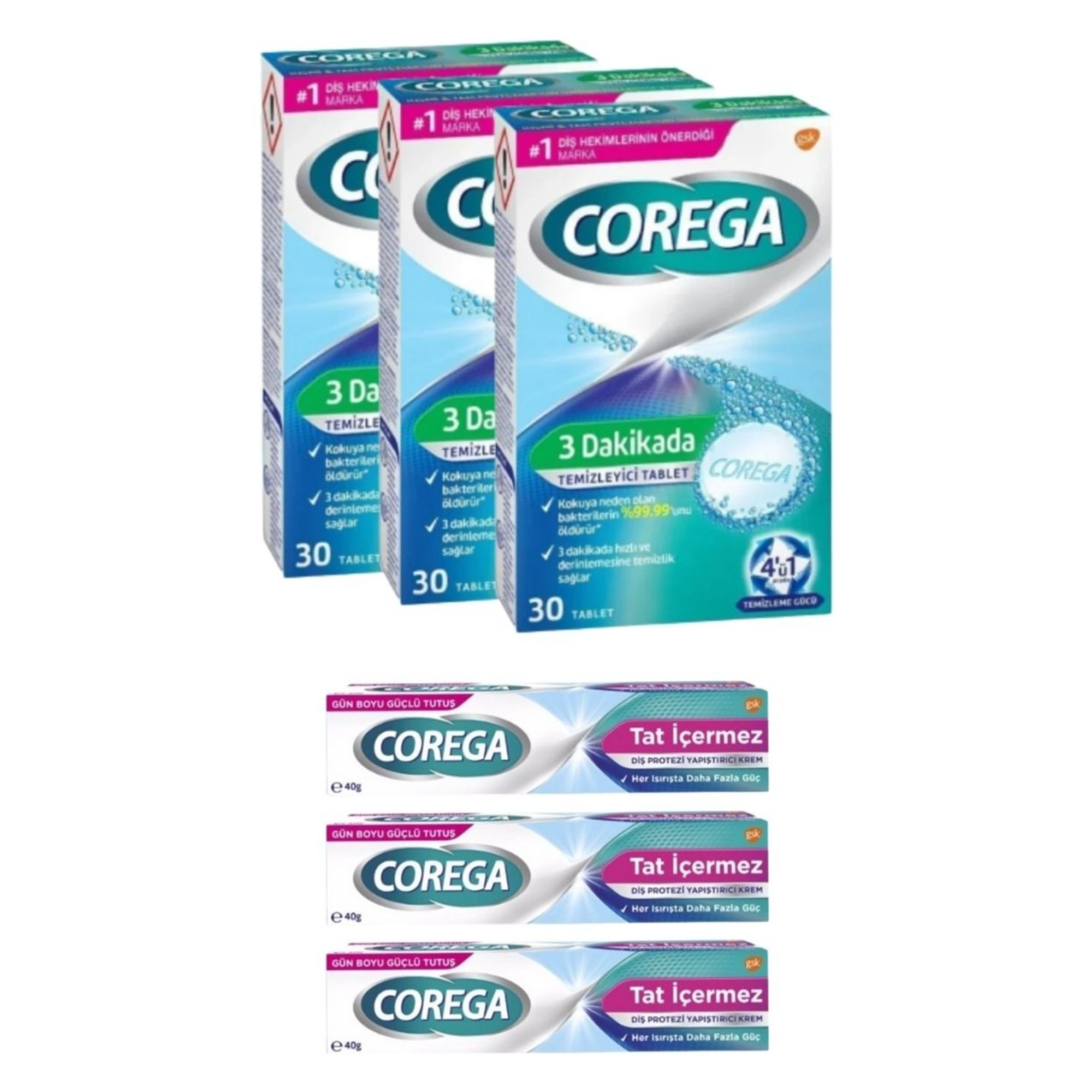 Corega X3 3 Dakikada Diş Protezi Temizleyici 30 Tablet + X3 Tat Içermez Diş Protezi Yapıştırıcı 40 gr
