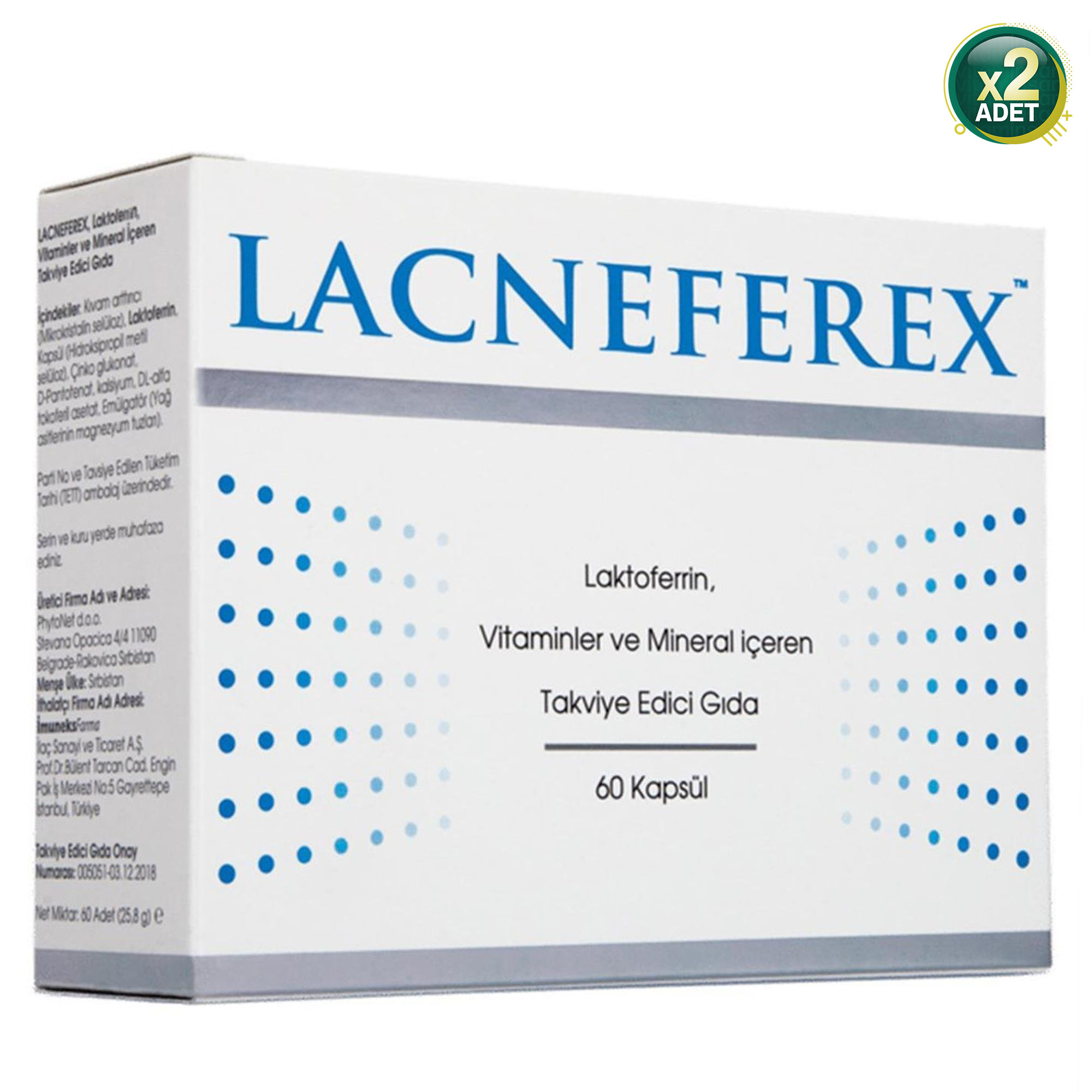 Imuneks Farma Lacneferex Laktoferrin Vitaminler ve Mineral İçeren Takviye Edici Gıda 60 Kapsül x 2 Adet