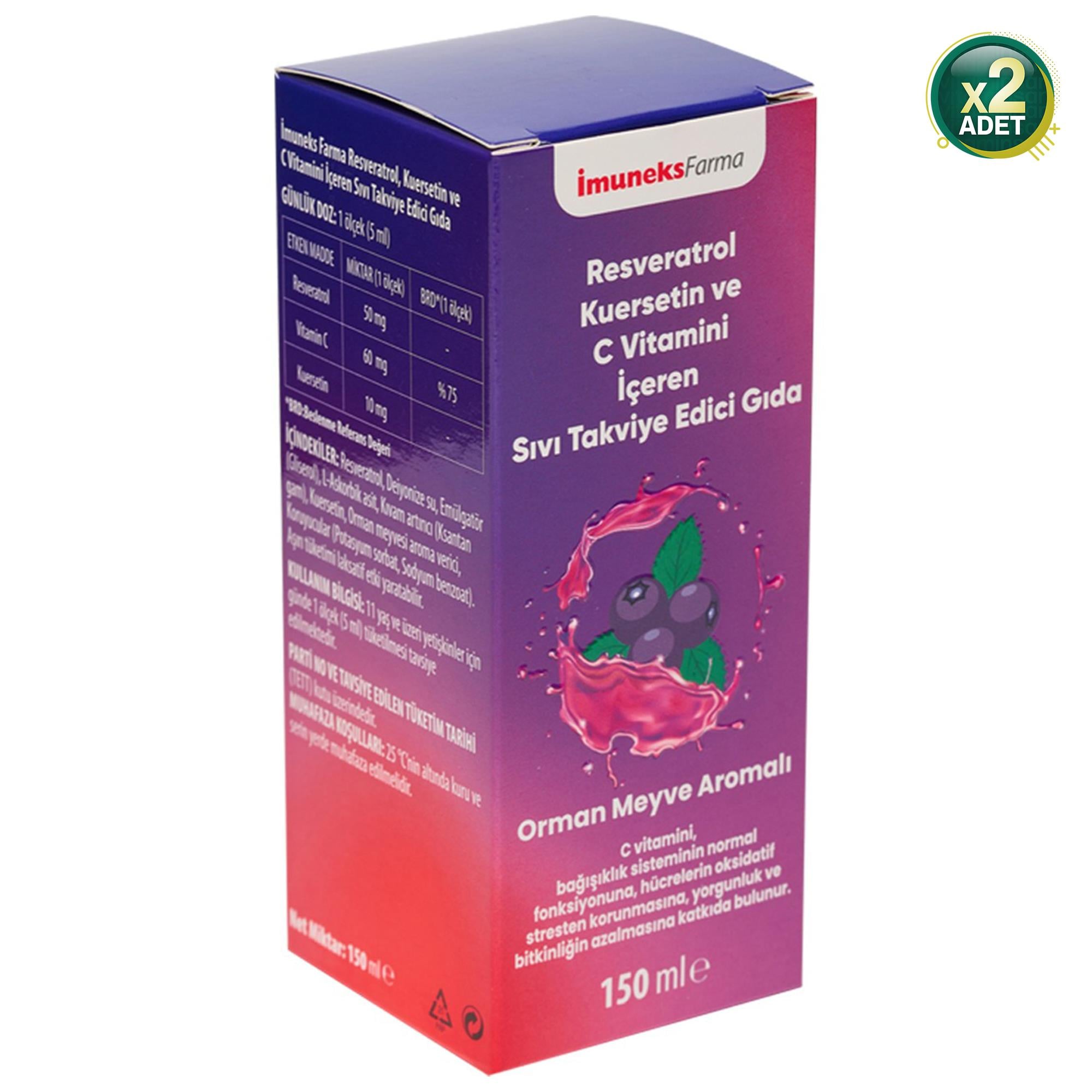 Imuneks Farma Resveratrol Kuersetin ve C Vitamini İçeren Sıvı Takviye Edici Gıda 150 ml x 2 Adet