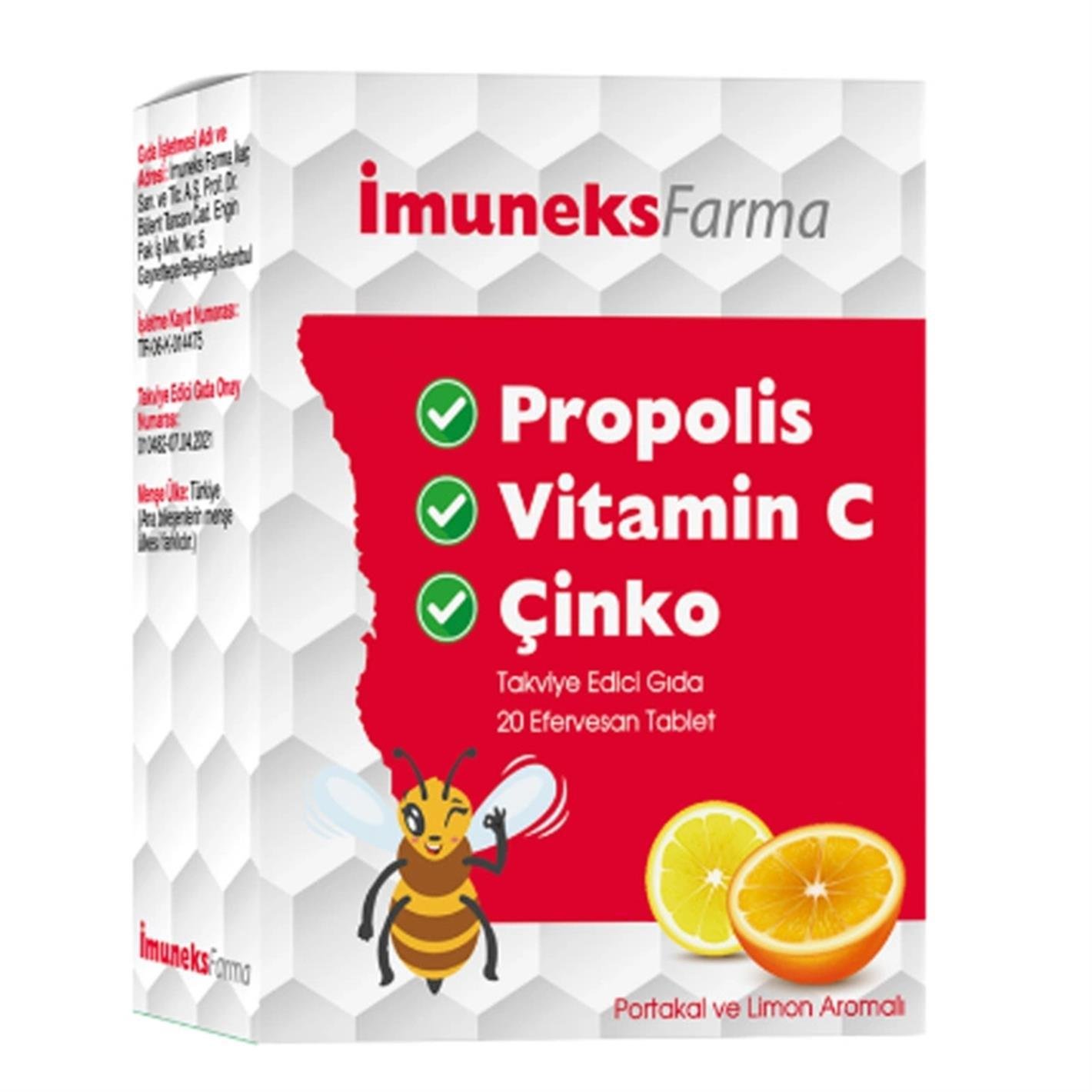 Imuneks Propolis Vitamin C Çinko içeren Takviye Edici Gıda 20 Efervesan Tablet