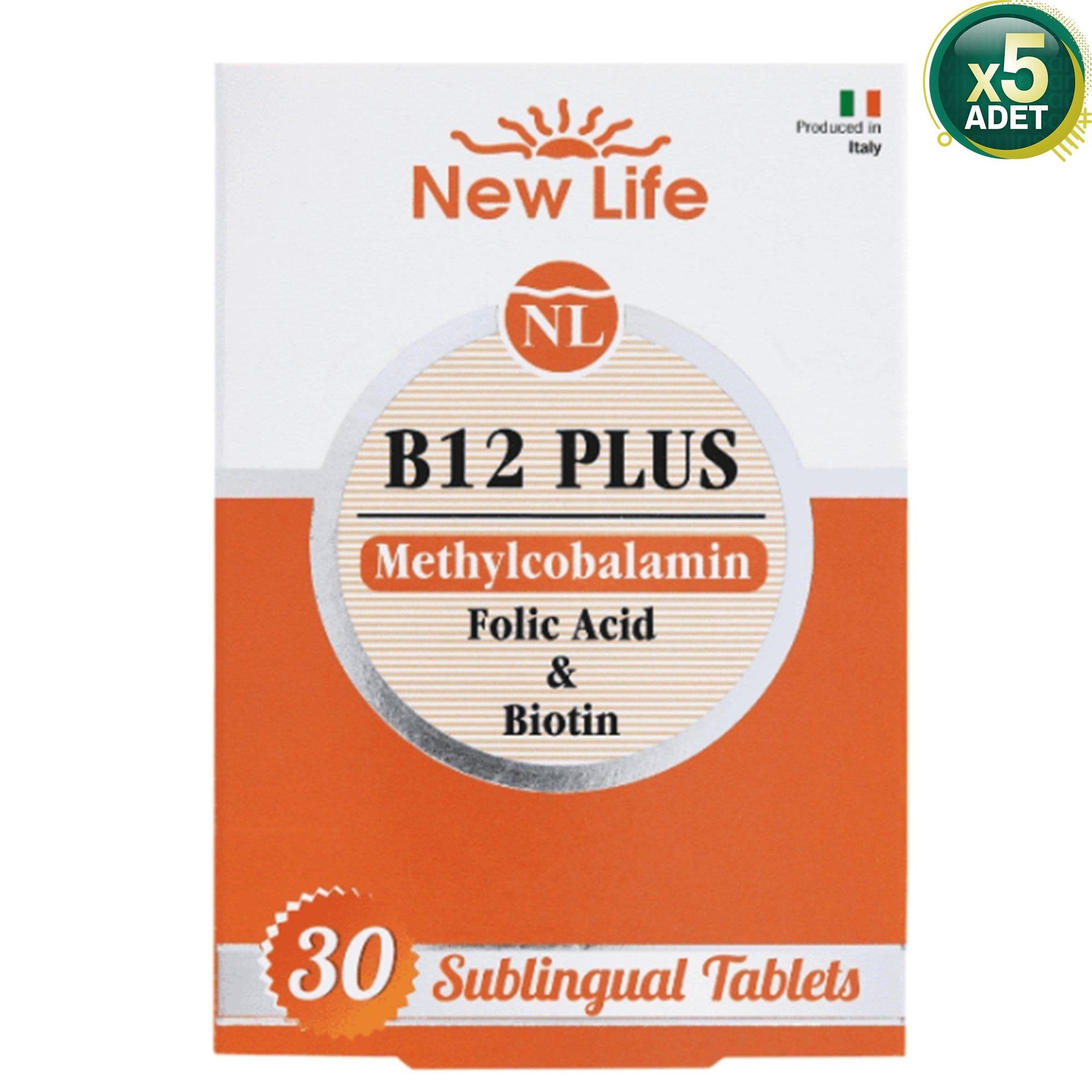 New Life B12 Plus Methylcobalamin, Folik Asit ve Biotin, 30 Dilaltı Tablet, 5 Kutu