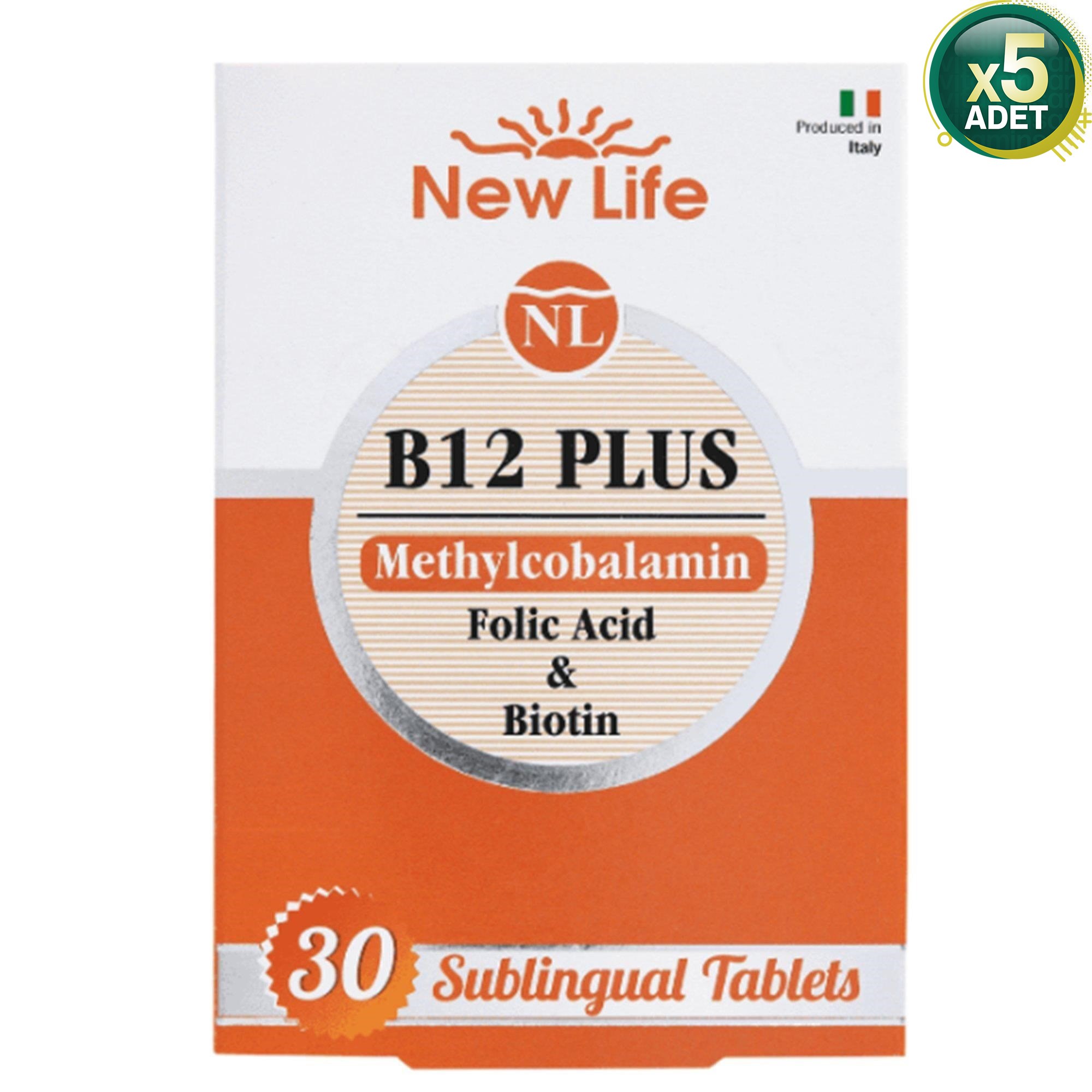 New Life B12 Plus Methylcobalamin, Folik Asit ve Biotin, 30 Dilaltı Tablet, 5 Kutu