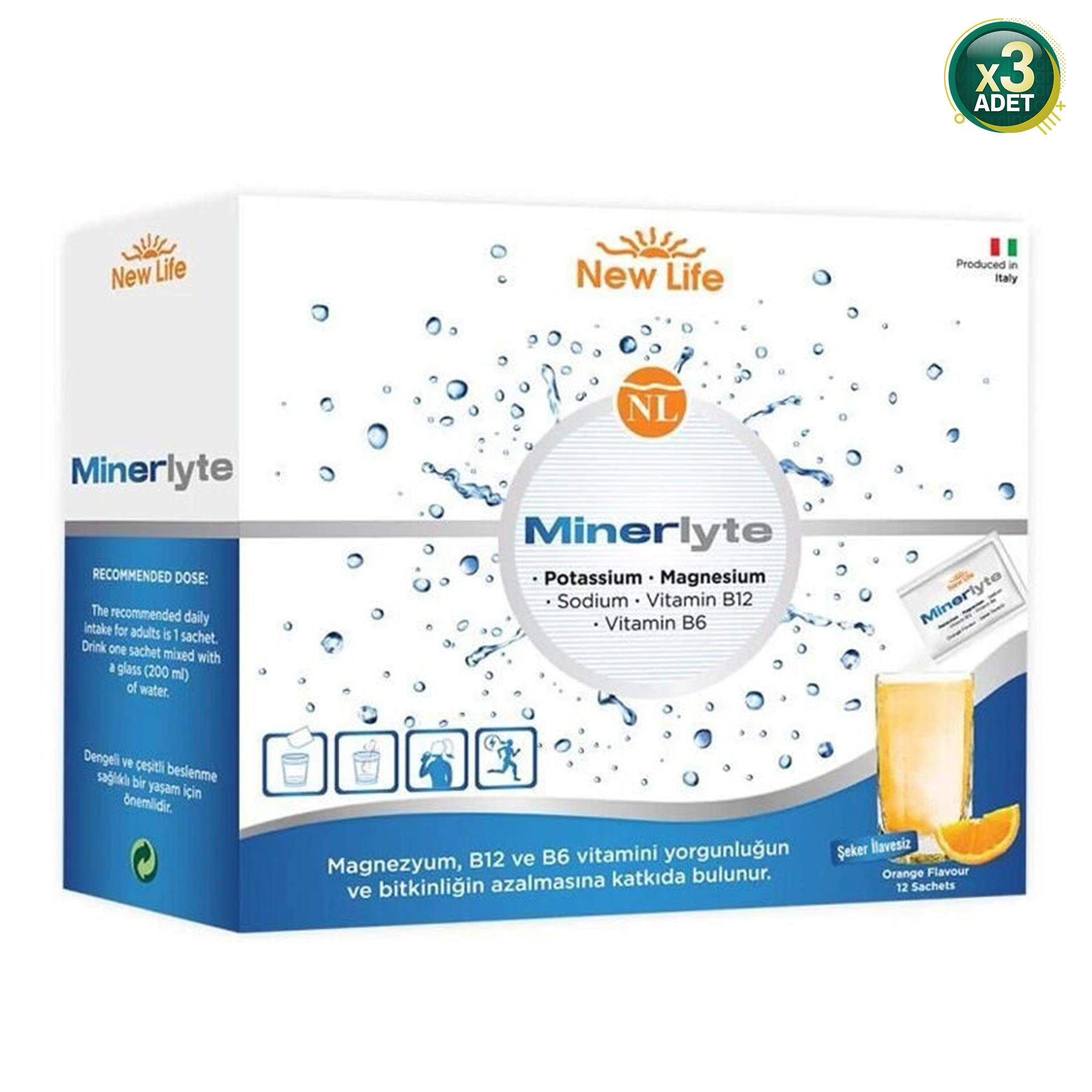 New Life Minerlyte - Magnezyum Sitrat - Potasyum - Sodyum - B6 ve B12 Vitamini - Elektrolit Çözeltisi - 12 Saşe (3 paketi)