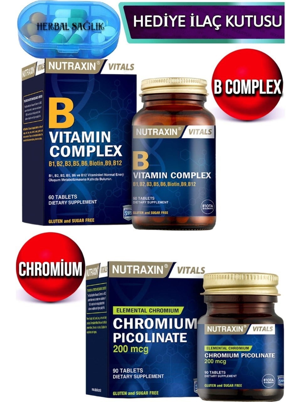 Nutraxin B Complex 60 Vitamin Tablet + Nutraxin Chromium Picolinate 200 Mcg 90 Tablet + İlaç Kutusu
