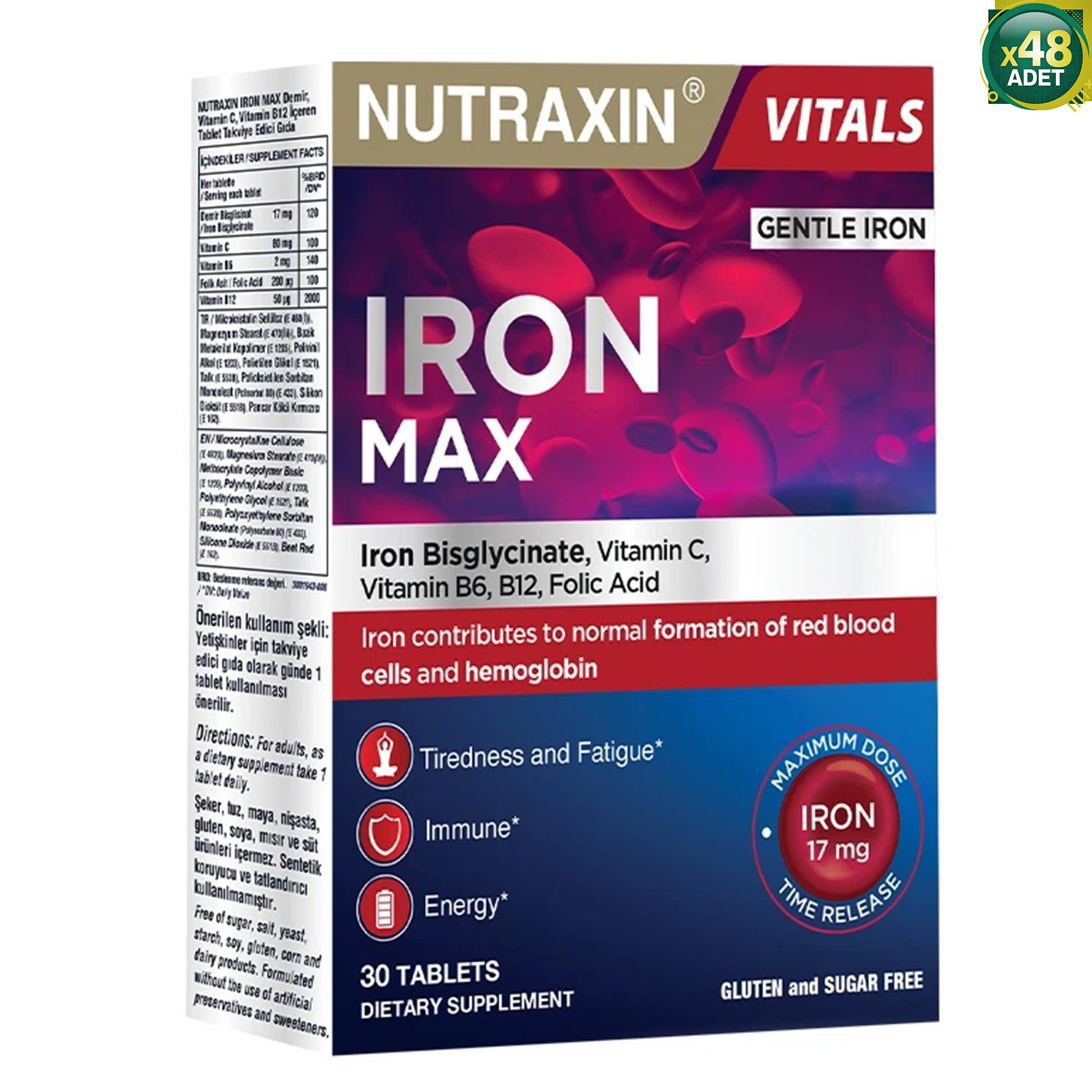 Nutraxin Iron Max Demir, Vitamin C, Vitamin B12 Içeren Takviye Edici Gıda 30 Tablet 48 Adet