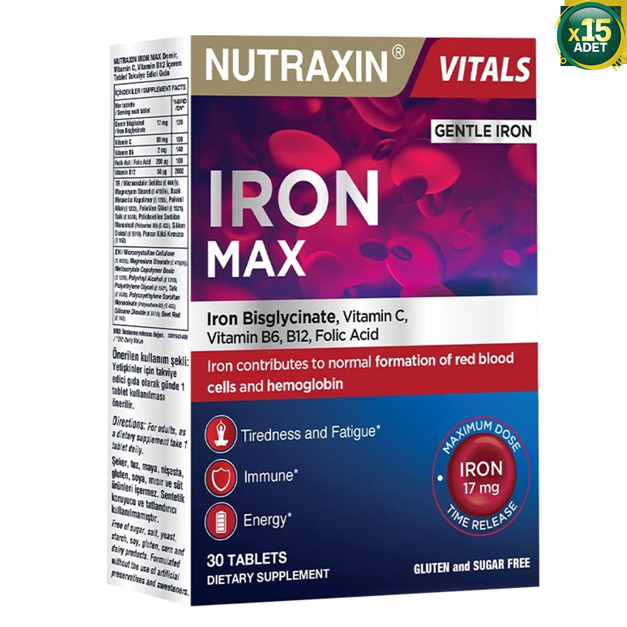 Nutraxin Iron Max Demir, Vitamin C, Vitamin B12 Içeren Takviye Edici Gıda 30 Tablet 15 Adet