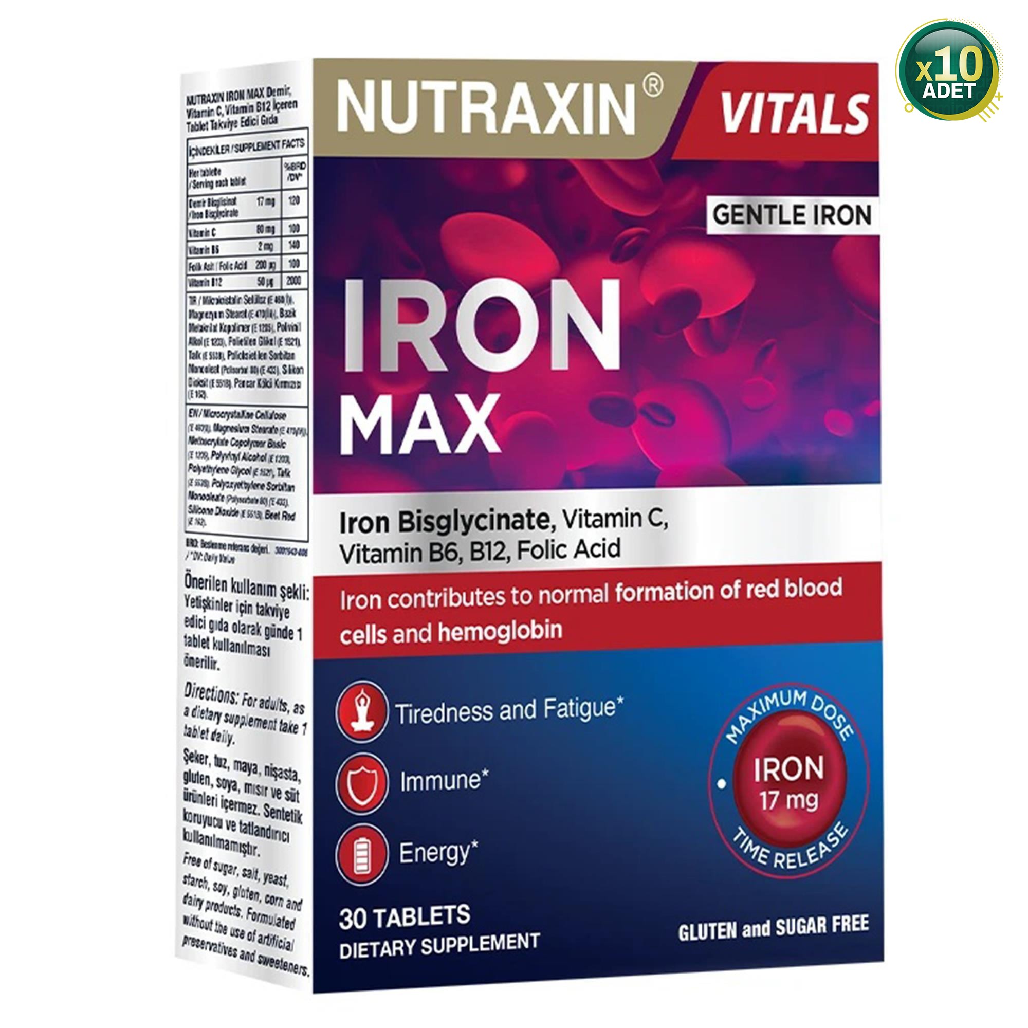 Nutraxin Iron Max Demir, Vitamin C, Vitamin B12 Içeren Takviye Edici Gıda 30 Tablet 10 Adet