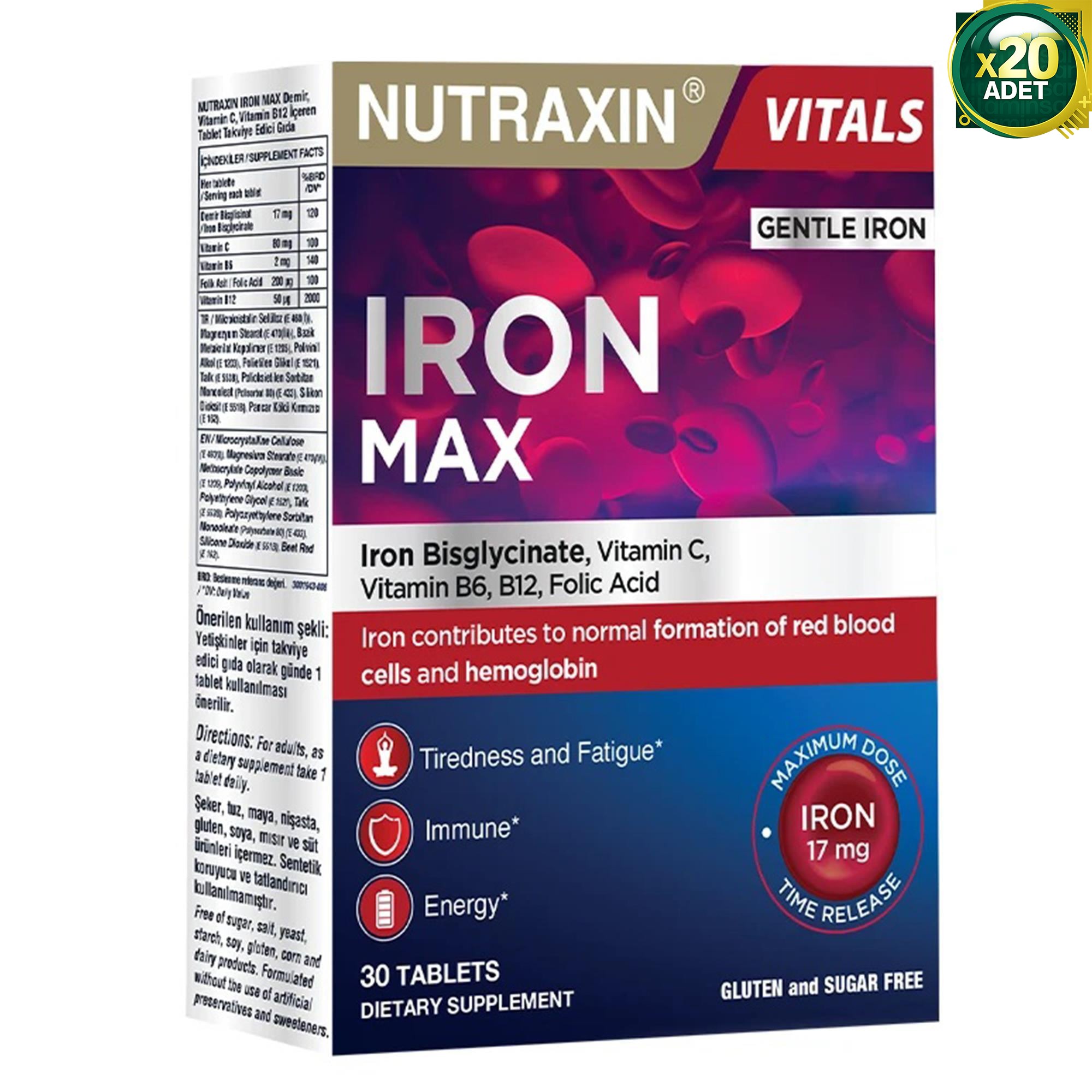 Nutraxin Iron Max Demir, Vitamin C, Vitamin B12 Içeren Takviye Edici Gıda 30 Tablet 20 Adet