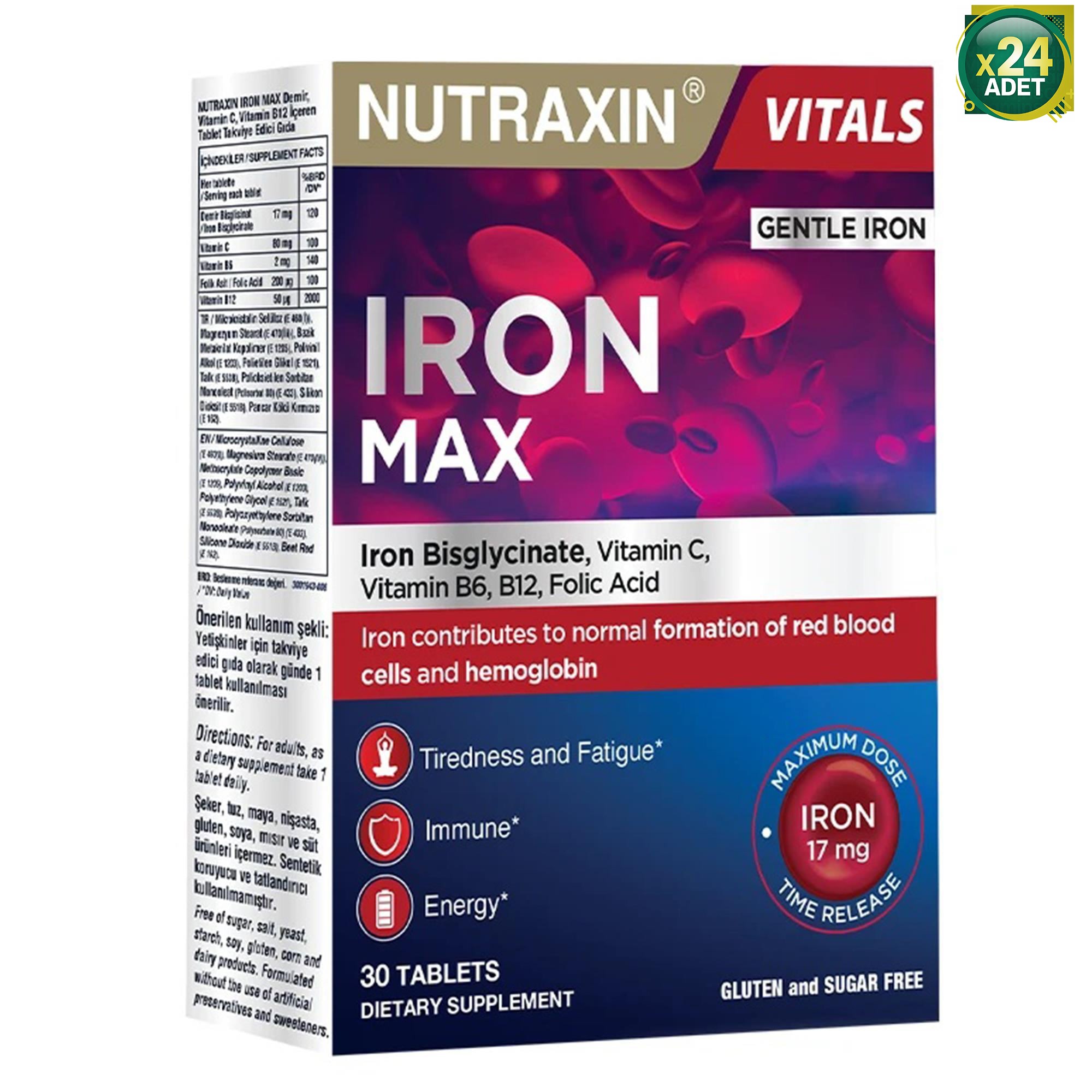 Nutraxin Iron Max Demir, Vitamin C, Vitamin B12 Içeren Takviye Edici Gıda 30 Tablet 24 Adet