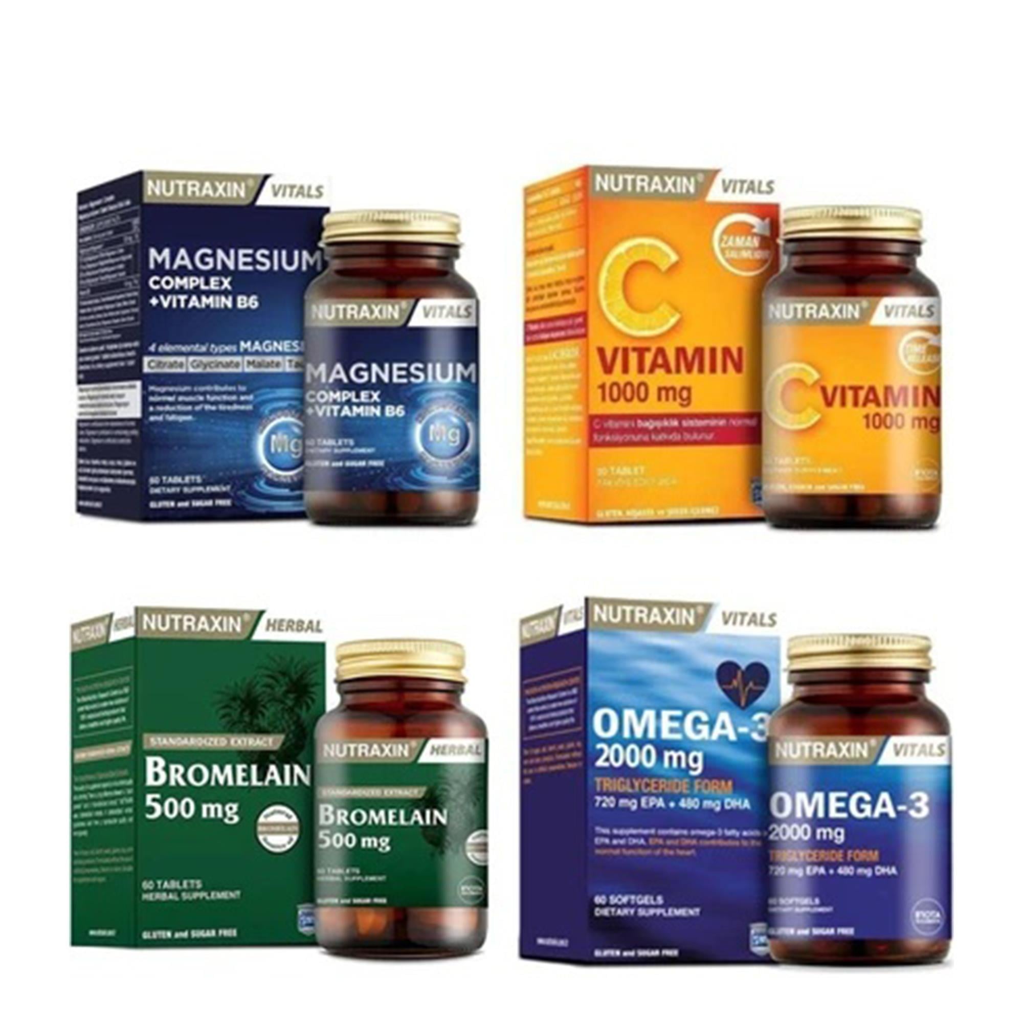 Nutraxin Takviye Seti Magnesium Complex Vitamin B6 60 Tablet + C Vitamin 1000 mg 30 Tablet + Omega 3 Balık Yağı 2000 mg 60 Yumuşak Kapsül - 