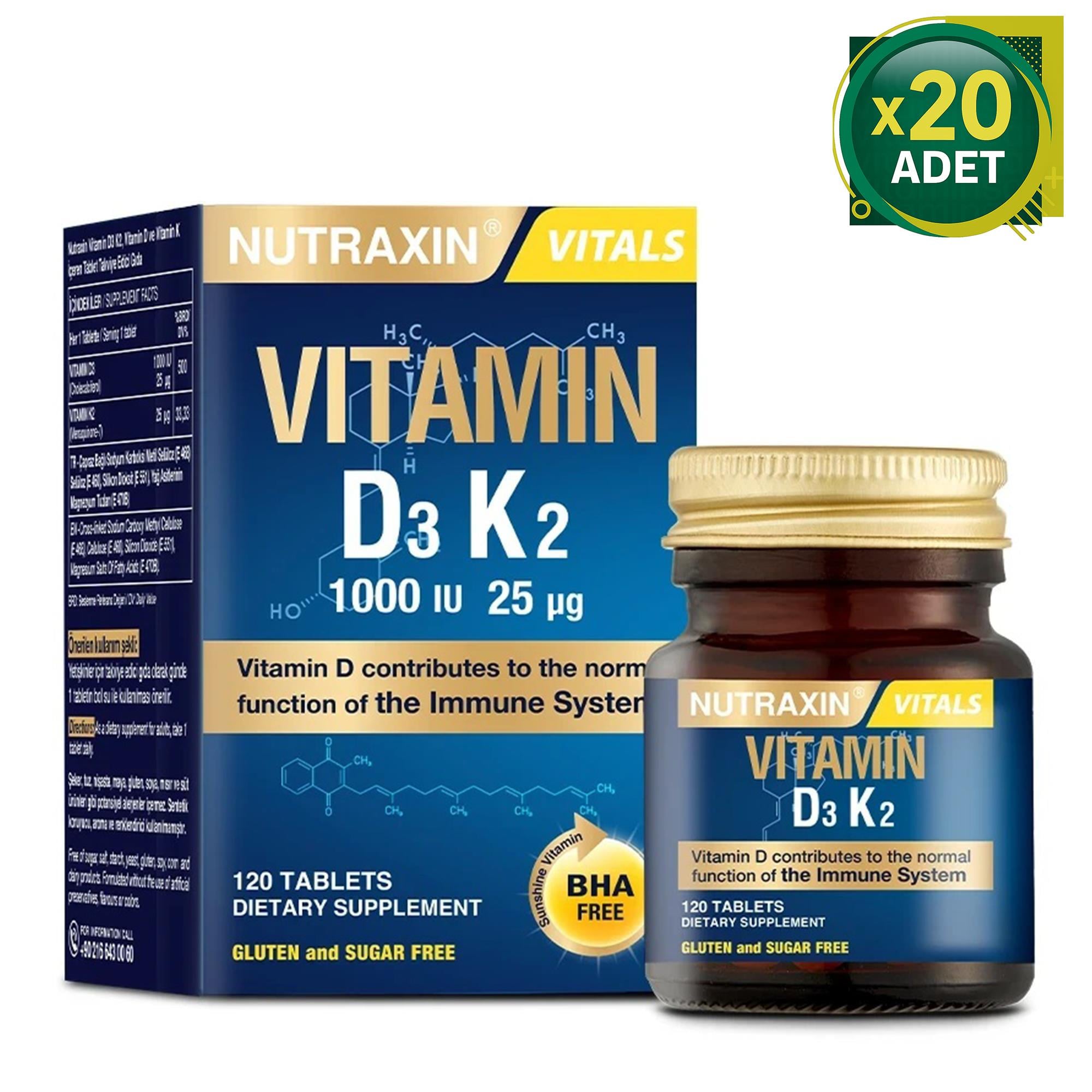 Nutraxin Vitamin D3K2 1000 Iu 120 Tablet 20 Adet