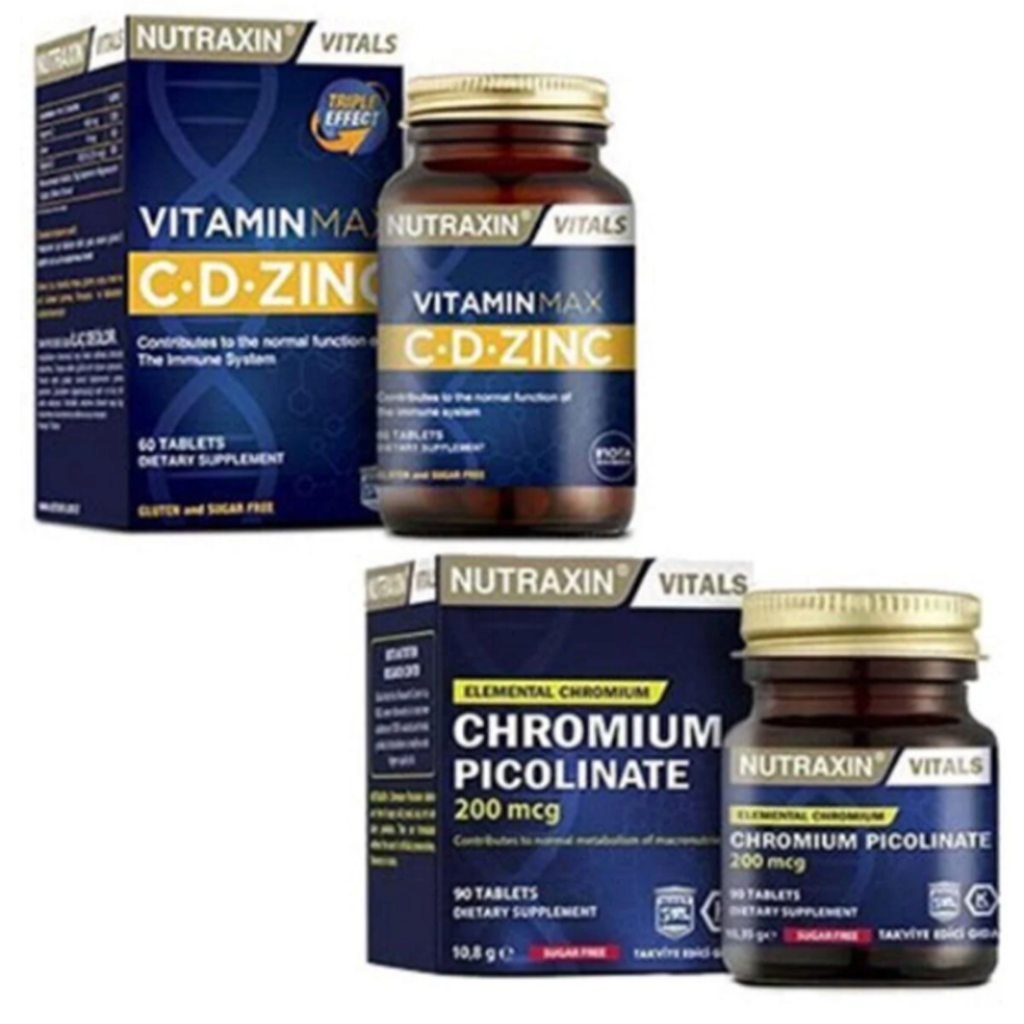 Nutraxin Vitamin Max C D Zinc ve Chromium Picolinate Takviyesi, 60 Tablet + 90 Tablet Combo Set