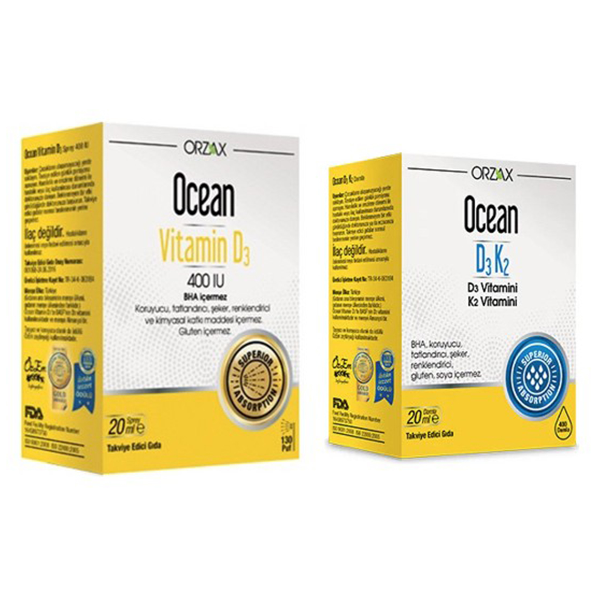 Ocean D Vitamini Desteği - Vitamin D3 1000 Iu Sprey 20 Ml + D3 K2 Vitamin Damla 20 Ml