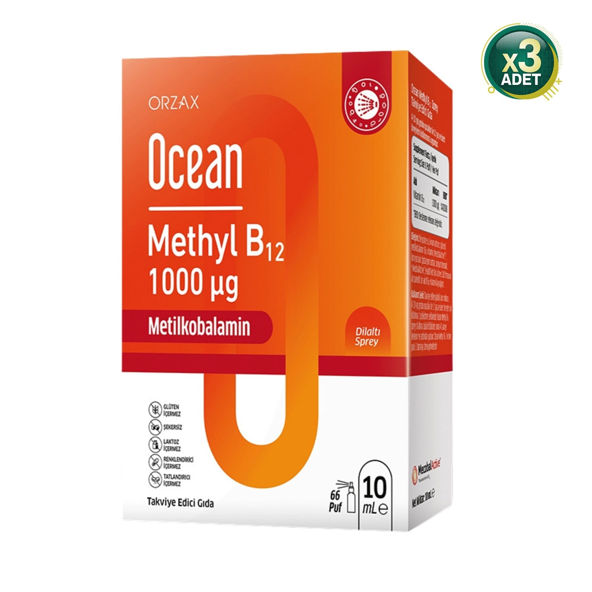 Ocean Methyl B12 1000 mcg Dilaltı Sprey 10 ml 3'lü
