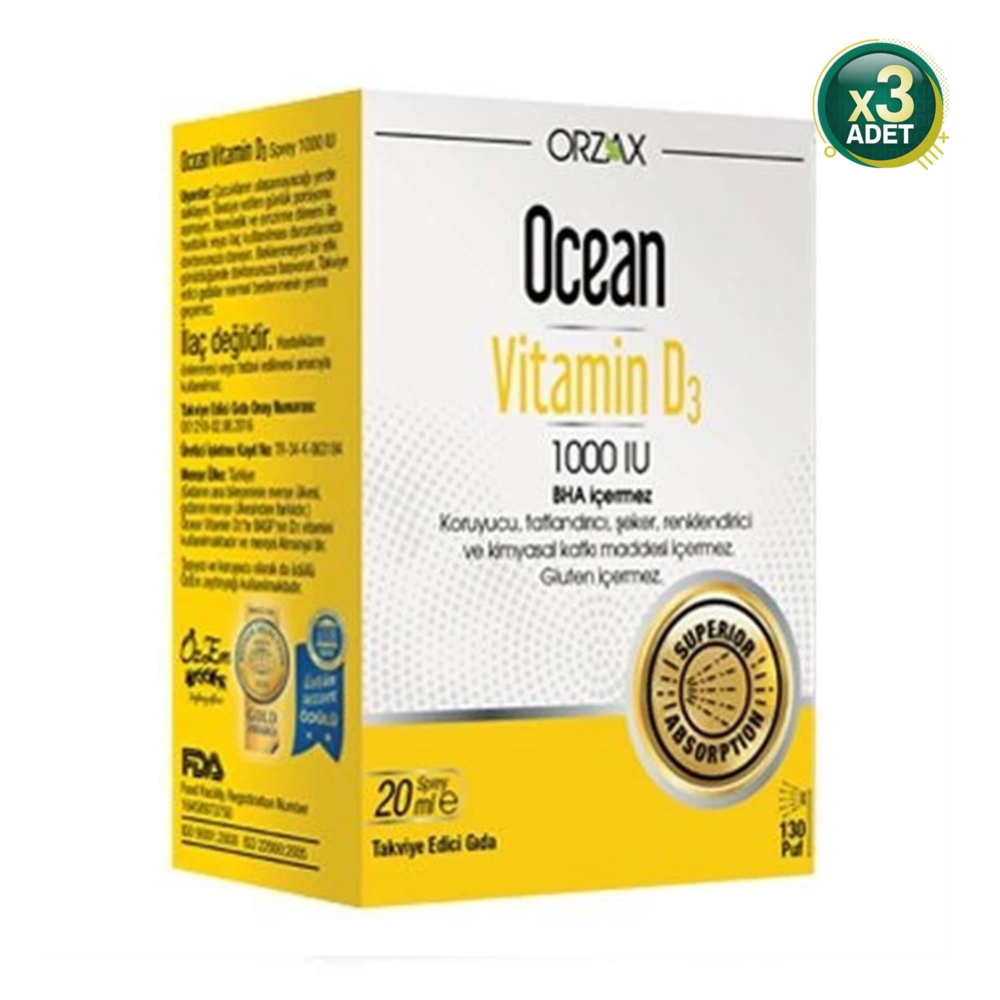 Orzax Ocean Vitamin D3 1000 IU Sprey 20 ml 3 Adet