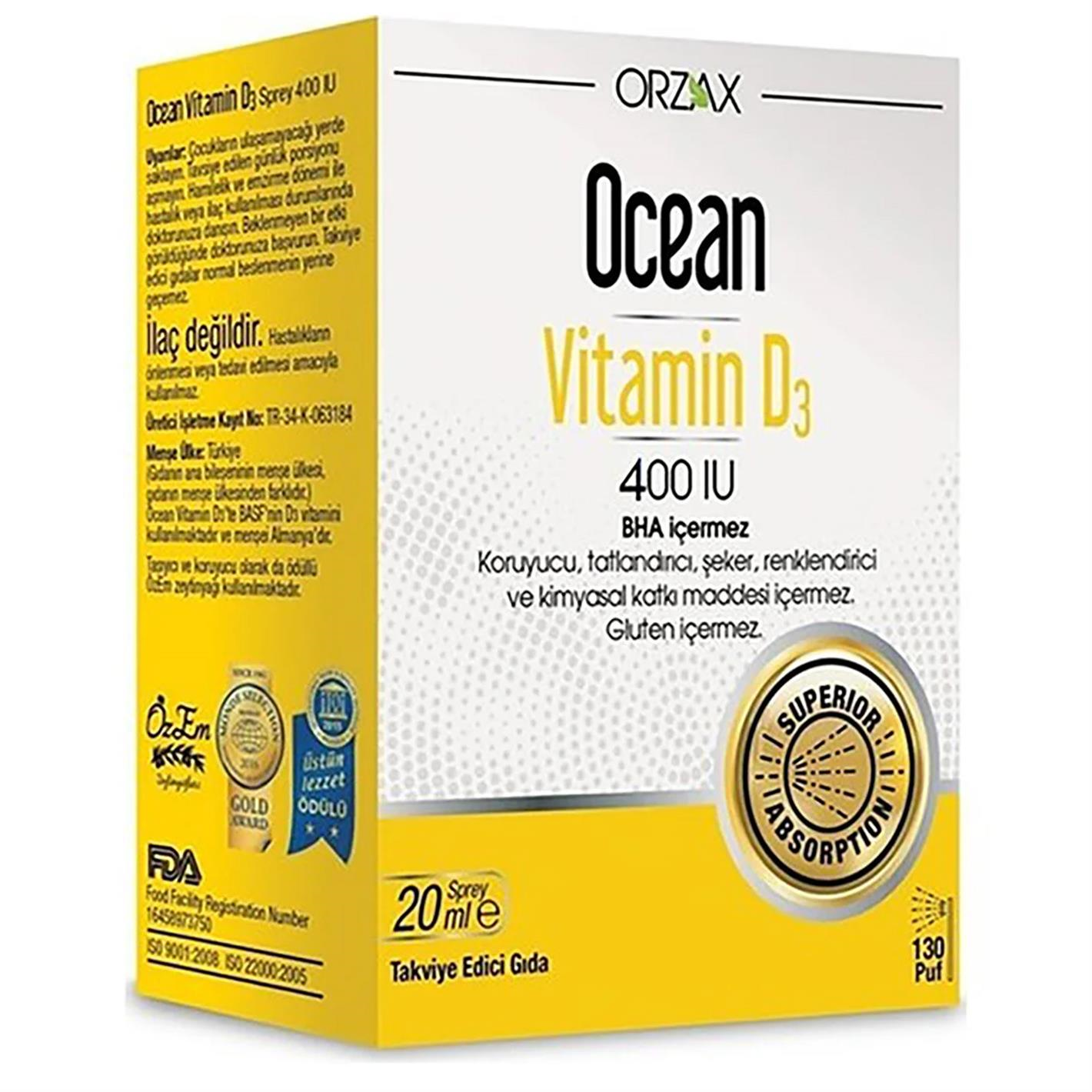 Orzax Ocean Vitamin D3 400 IU Sprey 20 ml