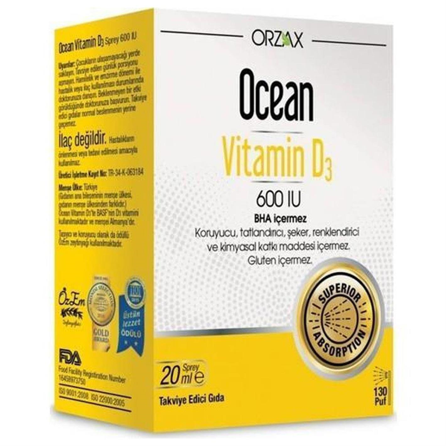 Orzax Ocean Vitamin D3 600 IU Sprey 20 ml