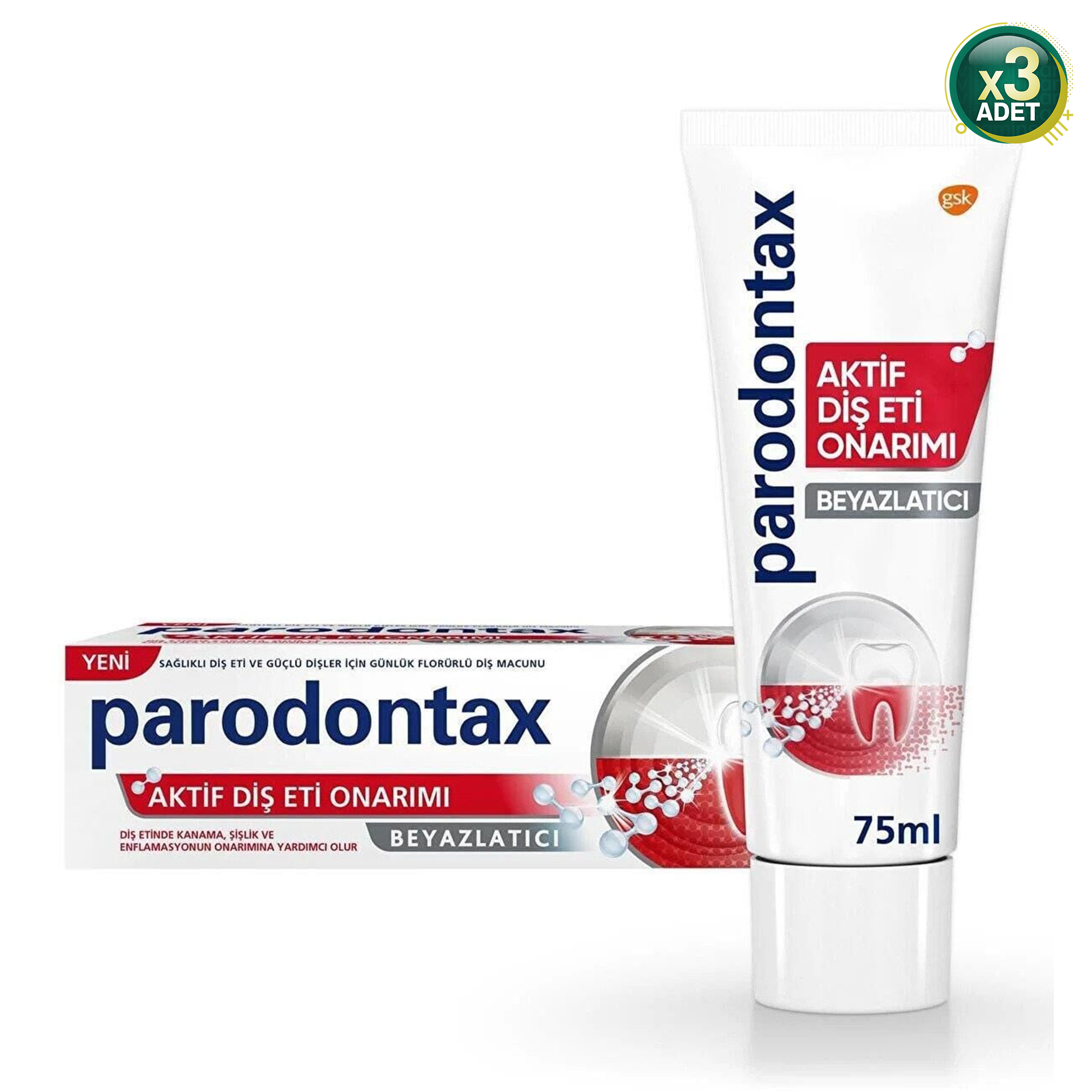 Parodontax Aktif Diş Eti Onarımı Beyazlatıcı Diş Macunu 75 ml (3 paketi)