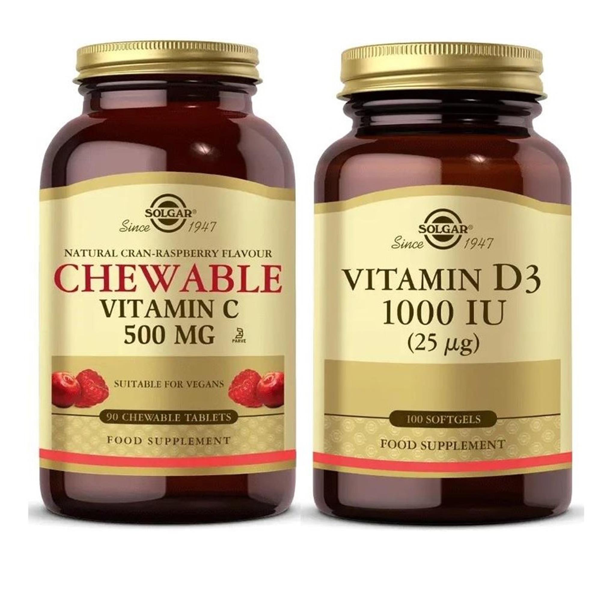 Solgar Chewable Vitamin-C 500 Mg 90 Tablet+Solgar Vitamin D3 1000 Iu 100 Tablet