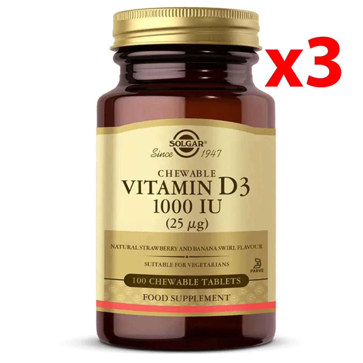 Solgar Chewable Vitamin D3 1000 IU 100 Tablet (Çiğnenebilir) 3 Adet