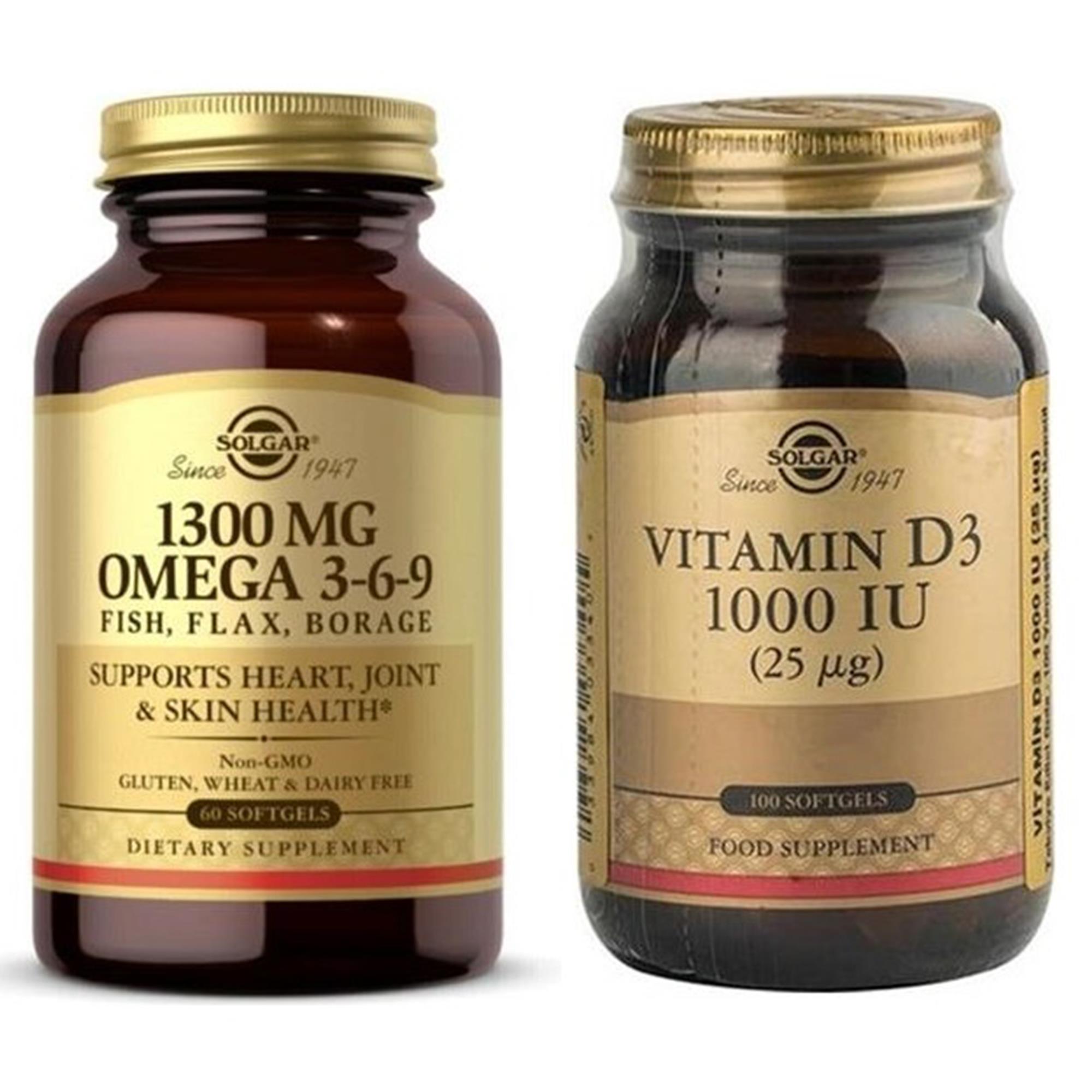 Solgar Efa 1300 Mg Omega 3-6-9 60 Softgel+Solgar Vitamin D3 1000 Iu 100 Tablet